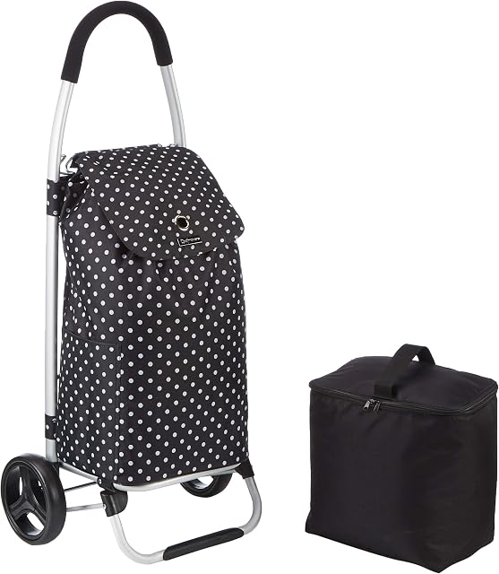 KitchenCraft Foldable Shopping Trolley on Wheels with Removable Cool Bag for Frozen Foods, Robust Metal and Showerproof Polyester, 45 x 33 x 100 cm, Black Polka Dot Print