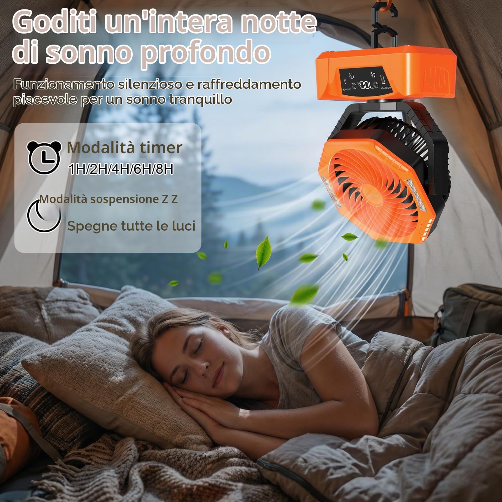 ELZO 20000mAh Ventilatore da campeggio con luce LED, Ricaricabile per Scrivania Tenda, USB Telecomando E gancio, 5 Velocità con Modalità sonno per Casa Ufficio Viaggi Pesca (Arancione)