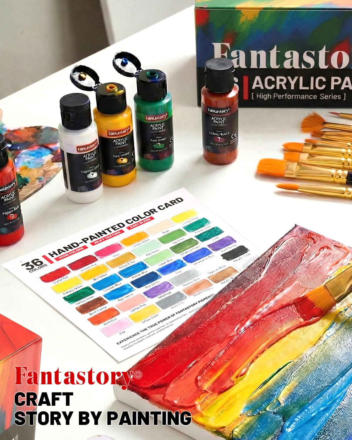 Fantastory Set de peintures acryliques avec 36x60ml et 12 pinceaux, peintures résistantes à l'eau, non décolorantes et non toxiques, adaptées pour la toile, le bois, la céramique
