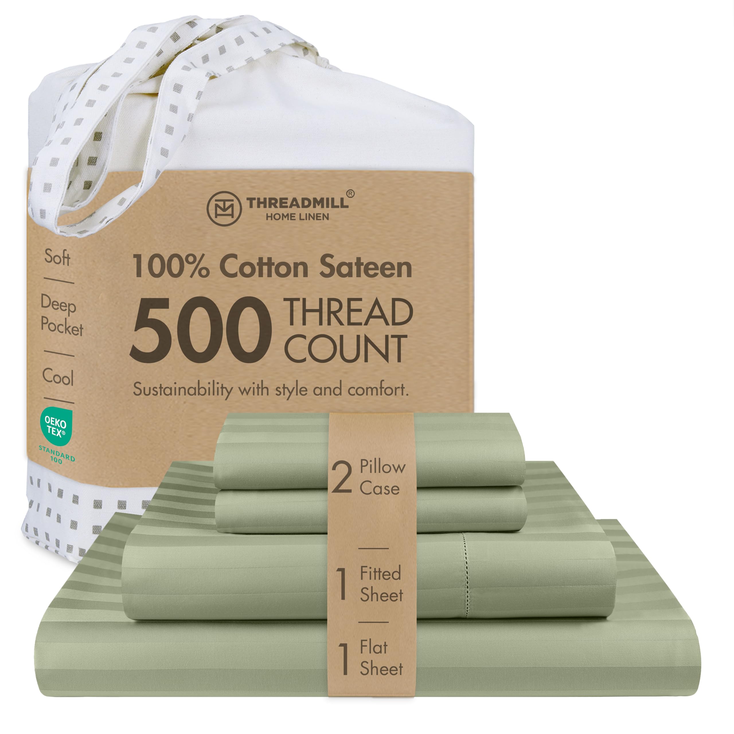 Threadmill 500 Thread Count Queen Size Damask Stripe, 4 Pc Luxury Cotton Bedding Set, Silky Smooth Sage Green Sheets with 16" Elasticized Deep Pocket,