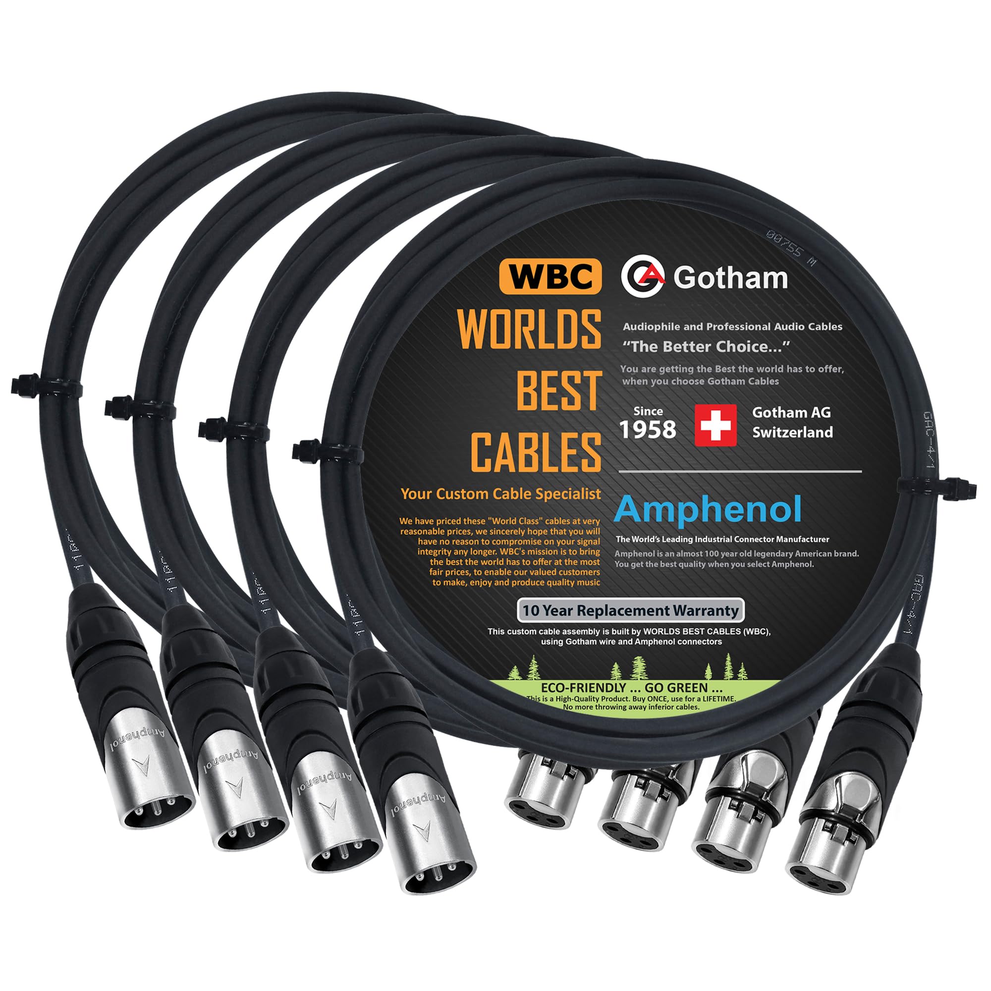 4 cavi per microfono Gotham GAC-4/1 (nero) Star Quad, doppia schermatura, bilanciati maschio a femmina, connettori XLR Amphenol AX3M e AX3F argentati, realizzati su misura WORLDS BEST CABLES
