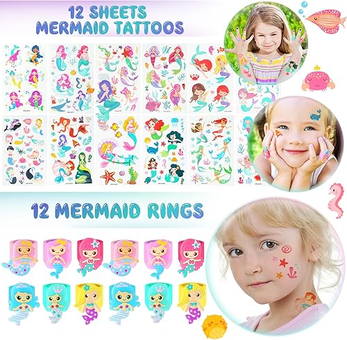 Miniatura 4 de 96 piezas de regalos de fiesta de sirena, bolsas de hilo, calcomanías, accesorios para el cabello, brazalete, anillos, llavero, regalos de