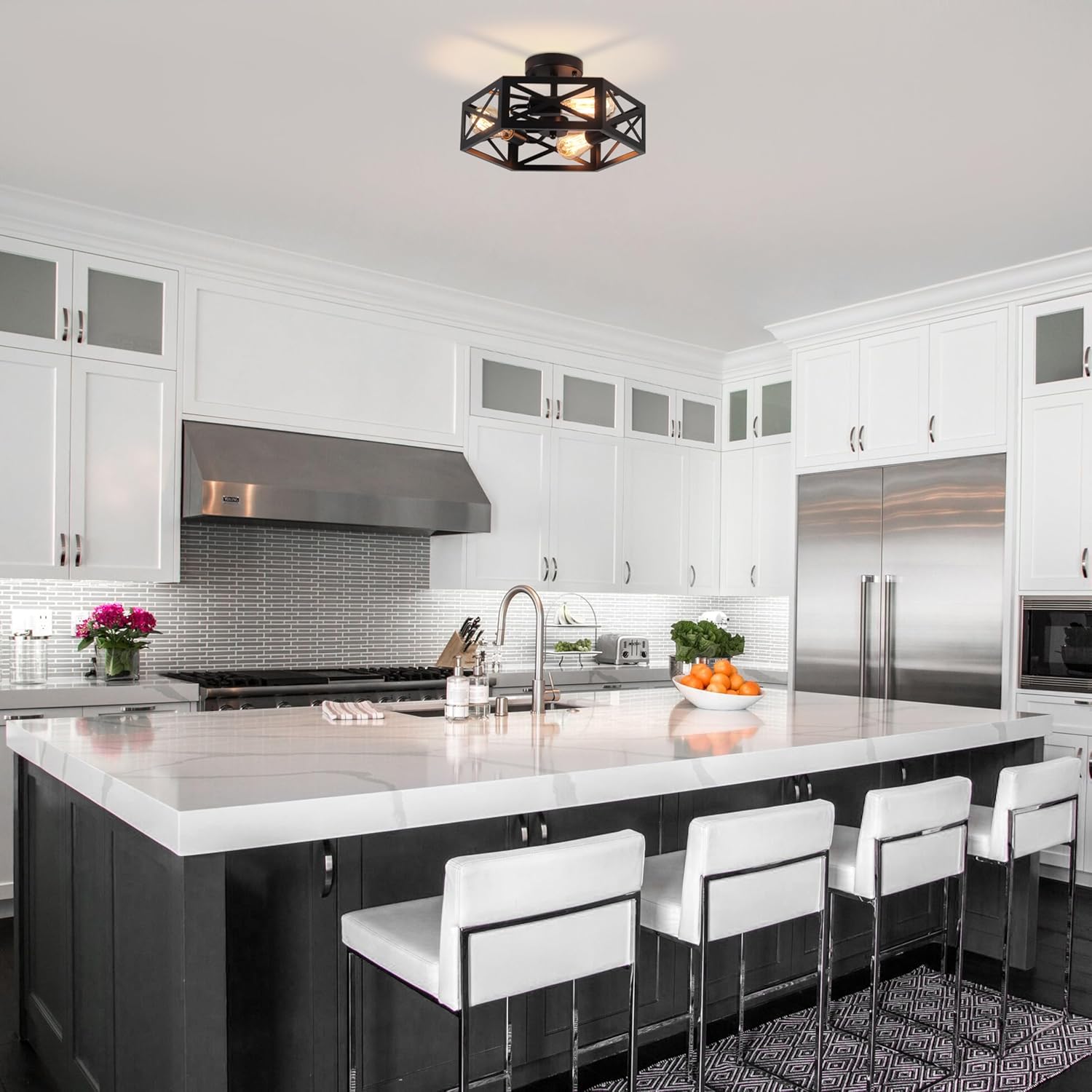 Rustic Foyer Lighting Fixtures, Industrial Semi Black Hexagon Black Farmhouse Kitchen Lighting Fixtures Ceiling for Bedroom Hallway Bathroom 14.5 in