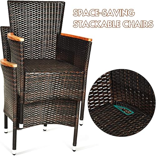 Miniatura 5 de Tangkula Juego de comedor al aire libre de 9 piezas, juego de mimbre para jardín con cojines, muebles con mesa de madera de acacia y sillas