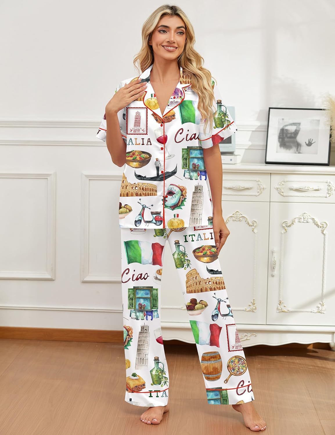 SHESHOW Satin Pajamas for Women Set Button Down Sleepwear Print Pjs Set 2 Piece Short Sleeve Long Loungewear Size XS-XXL - Image 5