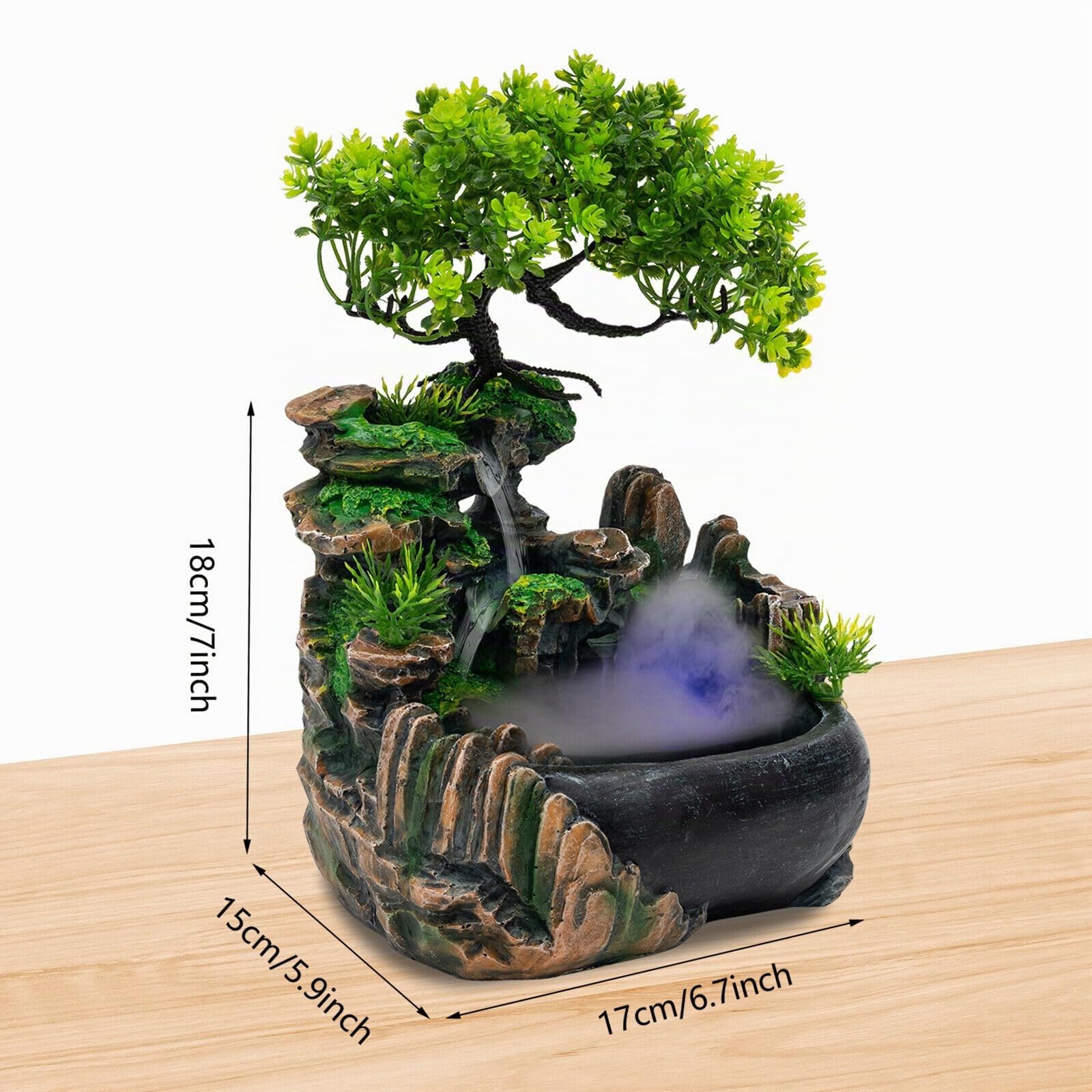 Fuente de interior con iluminación LED, fuente de mesa con cascada y niebla, cascada para interiores, en piedra, para casa, dormitorio, escritorio, decoración 28 x 20 x 15 cm