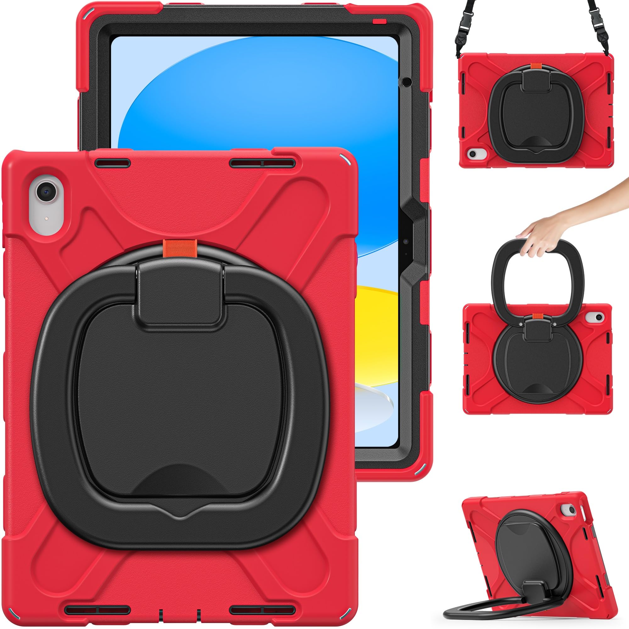 Ochrona tabletu Etui kompatybilne z etui iPad 10. generacji 10,9 cala 2022, odporne na wstrząsy, solidne etui, obrotowa podstawka 360 stopni, pasek na rękę/ramię, wytrzymałe etui na tablet kompatybiln