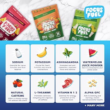 FocusFuel Energy Chews 18-Serving Variety Sampler 100mg Caffeine + L-Theanine + B12 6 Flavors: Blue Razz, Watermelon, Fruit Punch, Peach, Green Apple, Strawberry Lemonade No Crash or Jitters