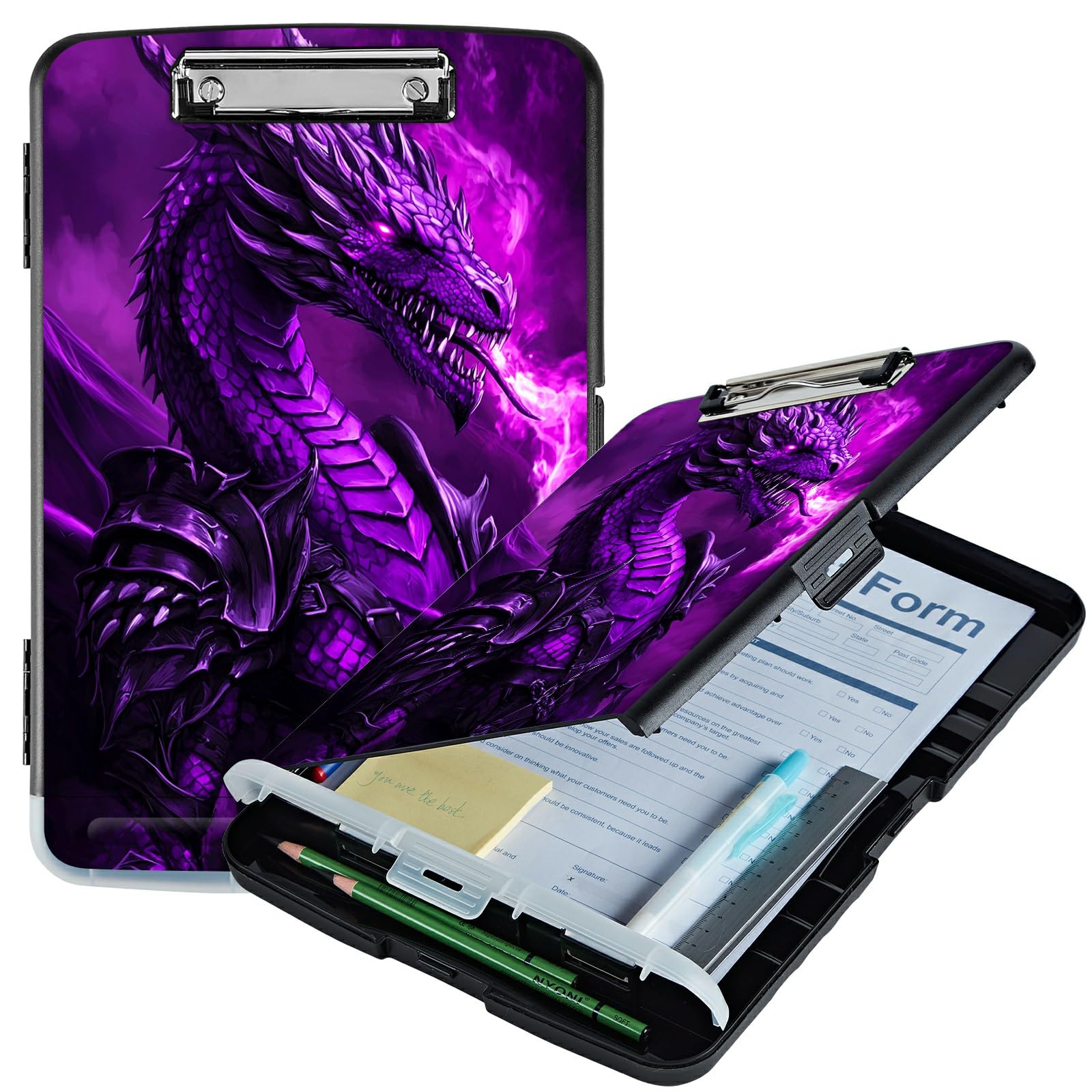 RWUTYTIUL Purple Flaming Dragon A4 Clipboard with Storage Pen Holder, Clipboards Organizer Nursing Clipboard Foldable File Folder Plastic Clipboard Folio Clip Board for Office Students Classroom โ image 1