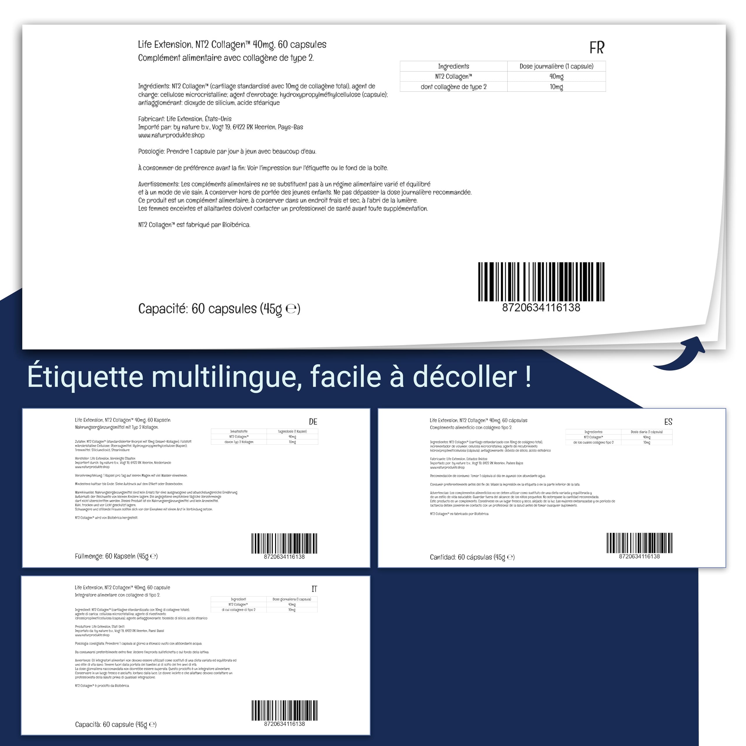 Life Extension, NT2 Collagen, Type 2 Collagène, 60 Capsules, Sans Gluten, Sans Soja, Sans OGM