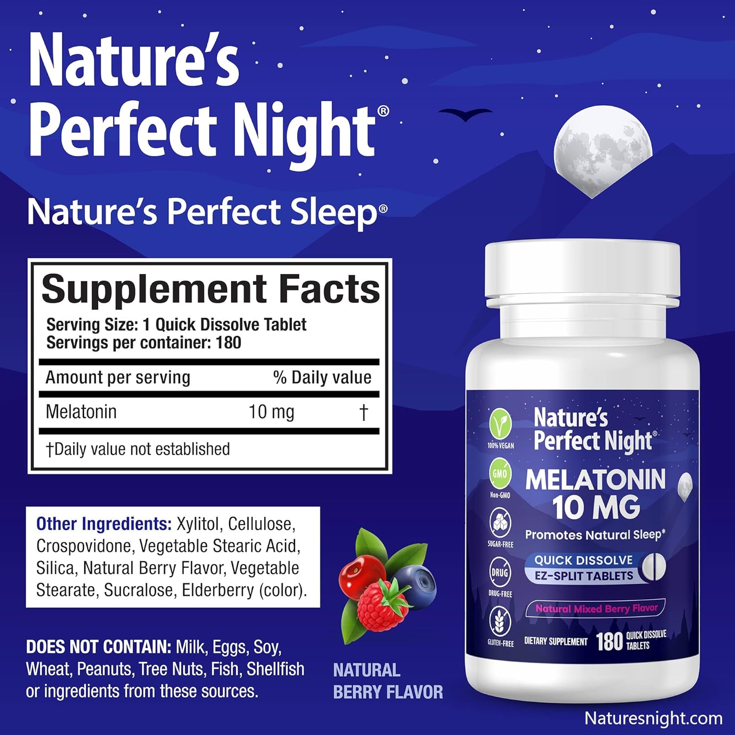 Nature's Perfect Night | Melatonin 10mg | 180 Quick Dissolve Tablets | Natural Mixed Berry Flavor |High Potency | Sugar Free | Vegan | Gluten Free | Value Size - Image 3