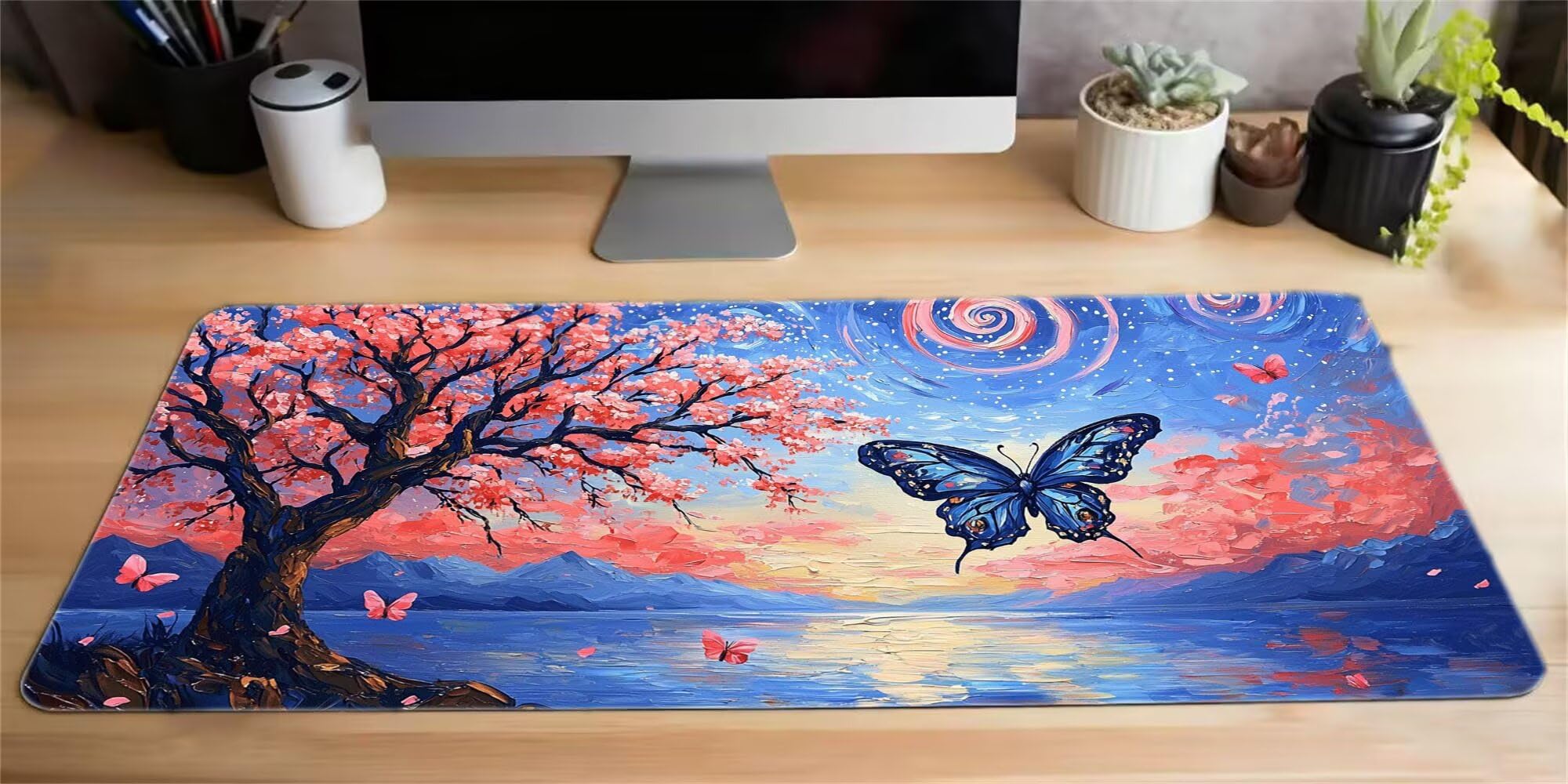 Podkładka pod mysz, podkładka na biurko do gier XXL 1400x600, kwiaty wiśni motyl podkładka pod mysz podkładka na biurko, przeszyte krawędzie antypoślizgowa gumowa podstawa, akcesoria do biura domowego