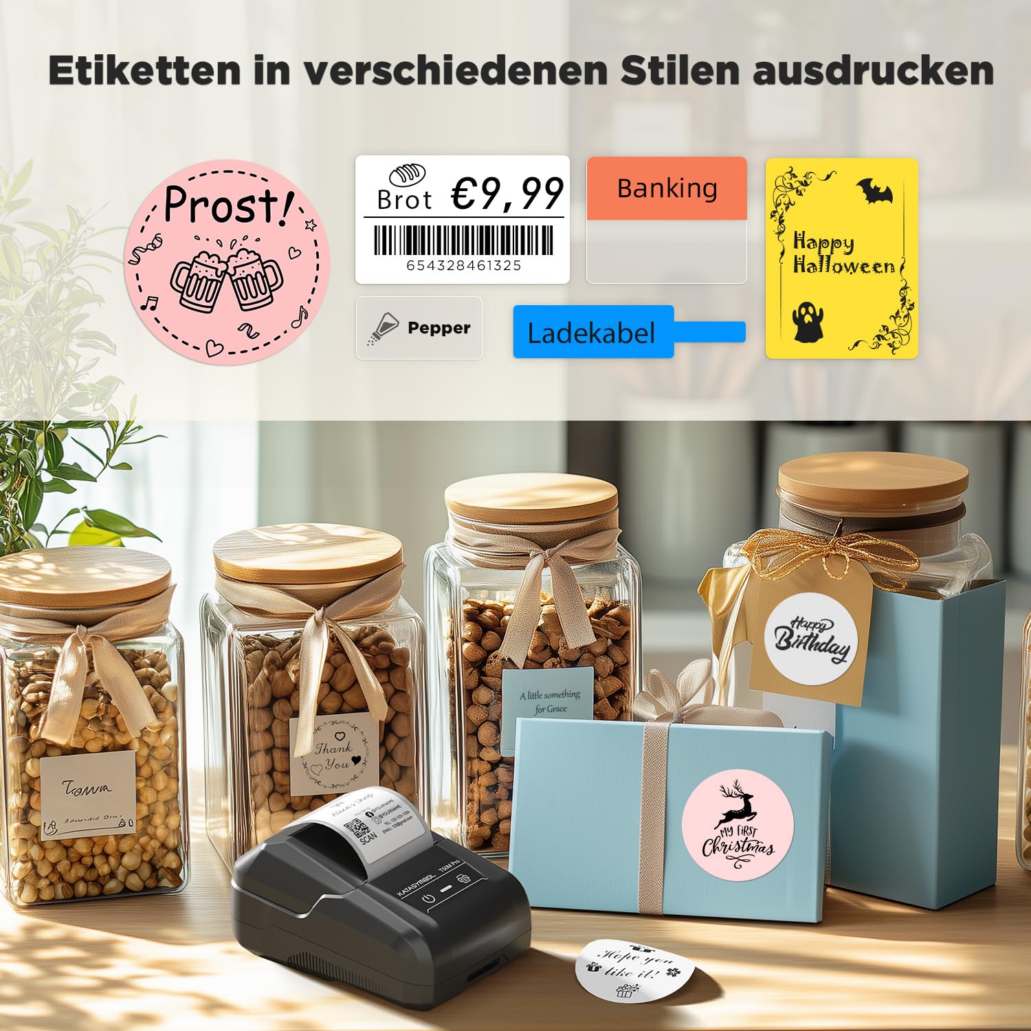 SUPVAN T50M Pro Etikettendrucker Bluetooth mit wasserfeste breite Etiketten, Handys- und PC-kompatibel, für Einzelhandel, Büro, Organisation, Schule und Zuhause