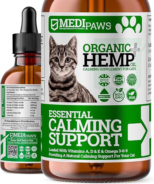 MediPaws® Hemp Oil For Cats | Natural Organic Hemp Oil Drops For Cats | Pet Hemp Oil Supports & Maintains Healthy Joints, Skin & Wellbeing | Omega 3 6 9 | High Strength 50,000mg | 50ml