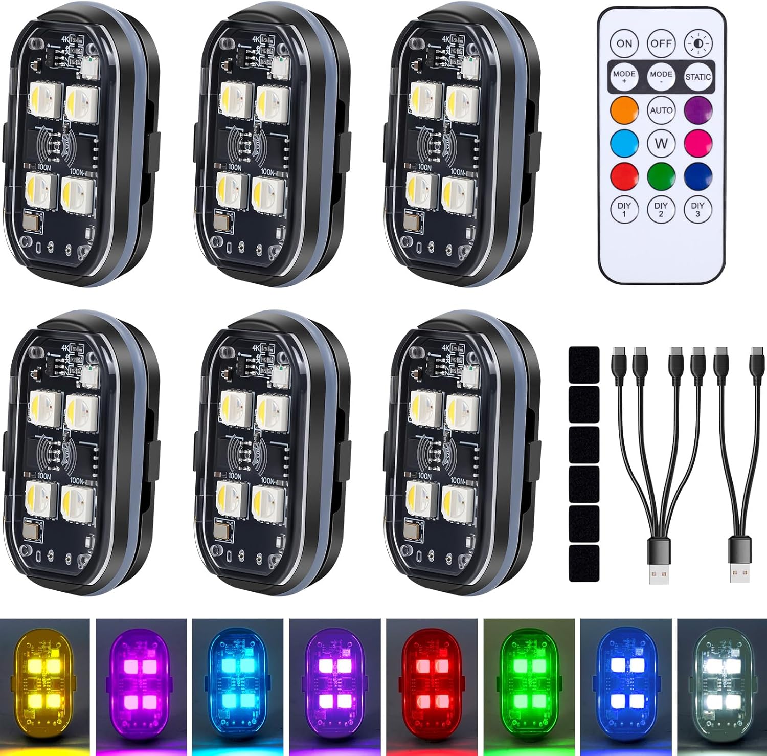 Upgraded 4LEDs 6PCS Wireless LED Strobe Lights with Remote Control, 8 Colors Type-C Rechargeable Led Lights Anti Collision Warning Light for Car Motorcycle Bike Drone Aircraft