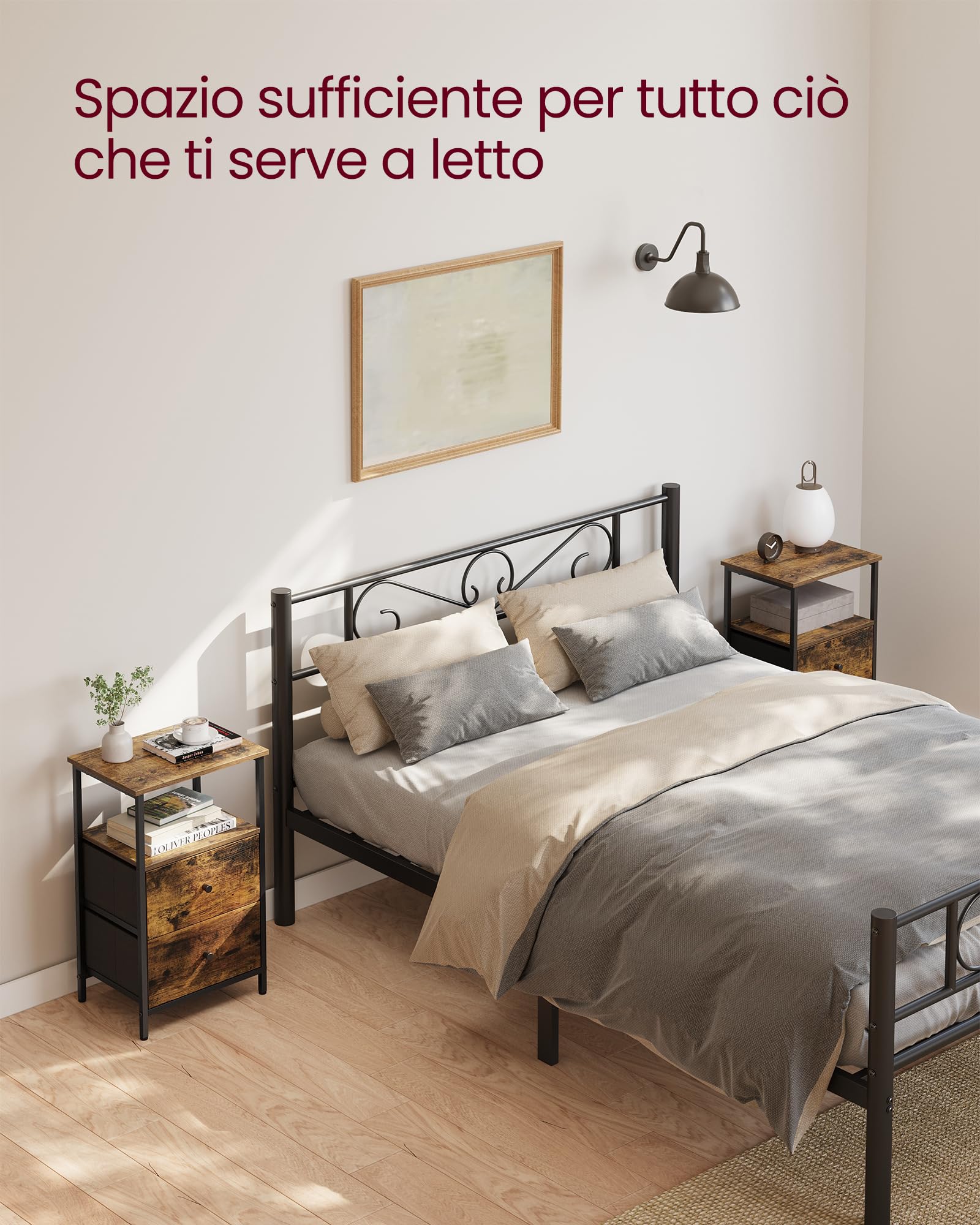 VASAGLE Set di 2 Comodini, Tavolino con 2 Cassetti in Tessuto, Alto 61 cm, con Ripiano Portaoggetti, per Soggiorno Camera da Letto, Marrone Vintage, Inchiostro e Nero Opaco LGS225K01, 38 x 28 x 61 cm