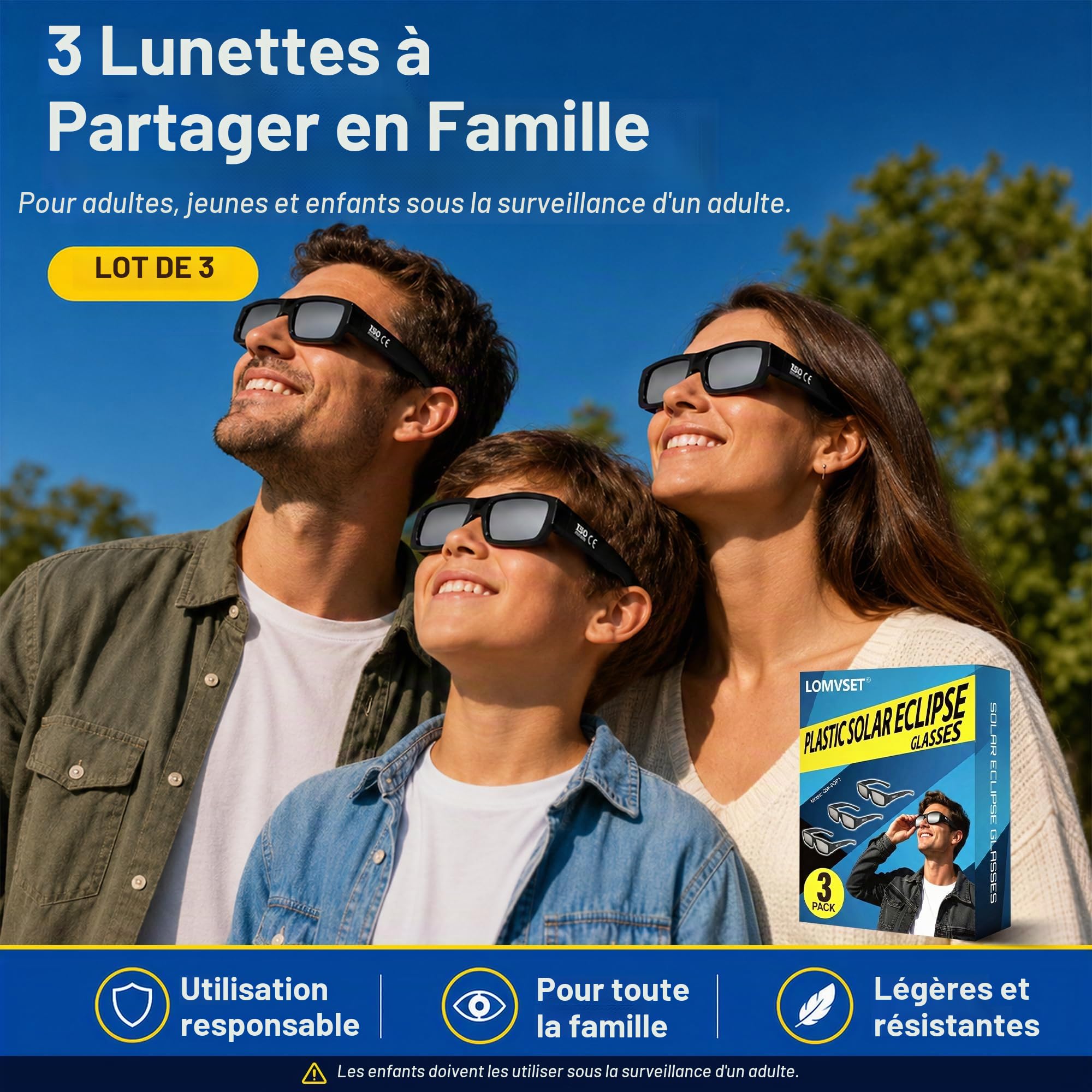 [Lot de 3 lunettes d'éclipse solaires homologuées ISO 12312-2 CE - 2026 - 2026 Lunettes en plastique éclipse solaire sûres certifiées protection premium UV/IR et infrarouge pour adultes et