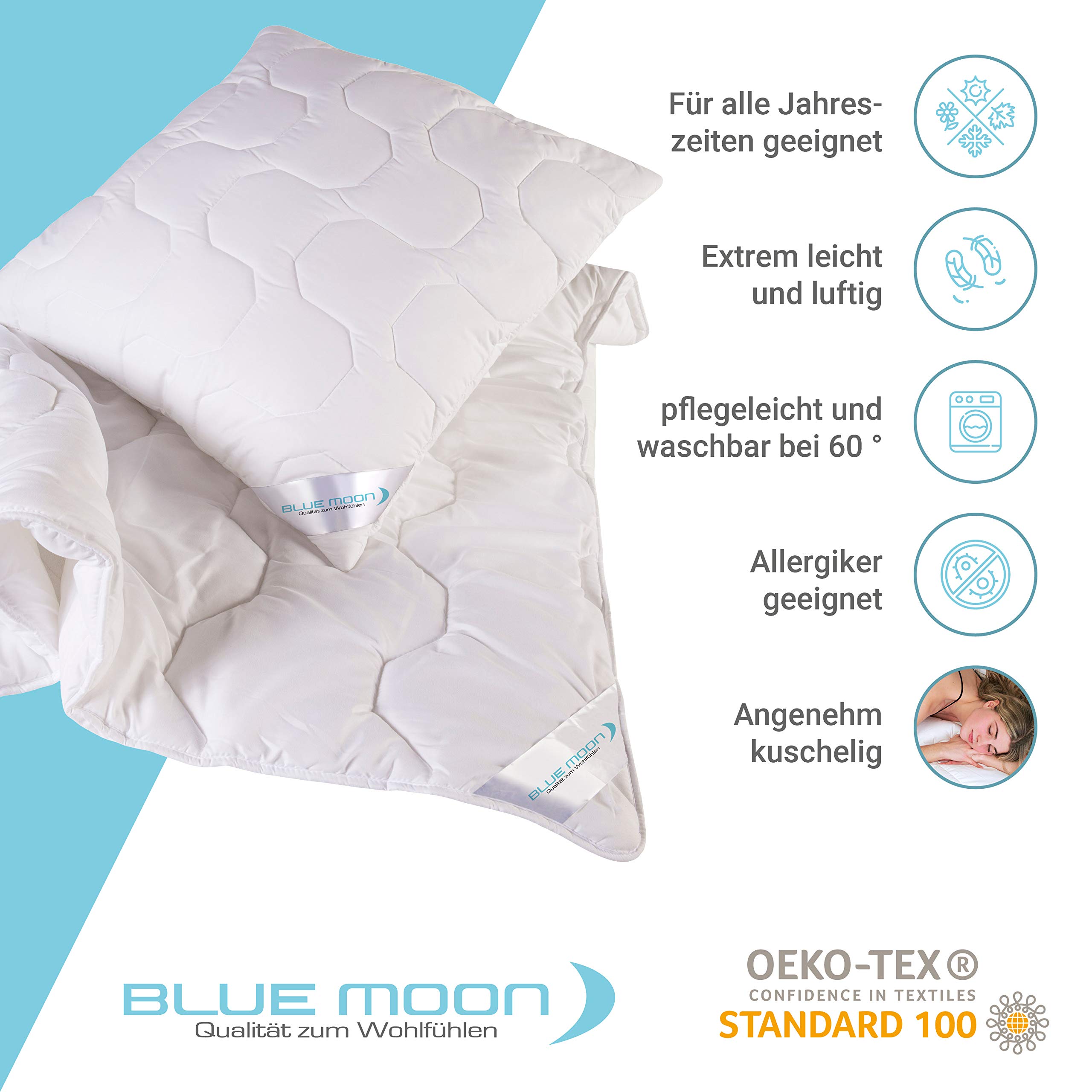 BLUE MOON Bettwaren-Set - Bettdecke 140x200 - Kopfkissen 70x90 - Hochwertiges Mikrofaser Bettdeckenset - allergiker-freundlich - Made in EU – (Set Kissen + Bettkissen 70 x 90 + Steppbett 140 x 200 cm)