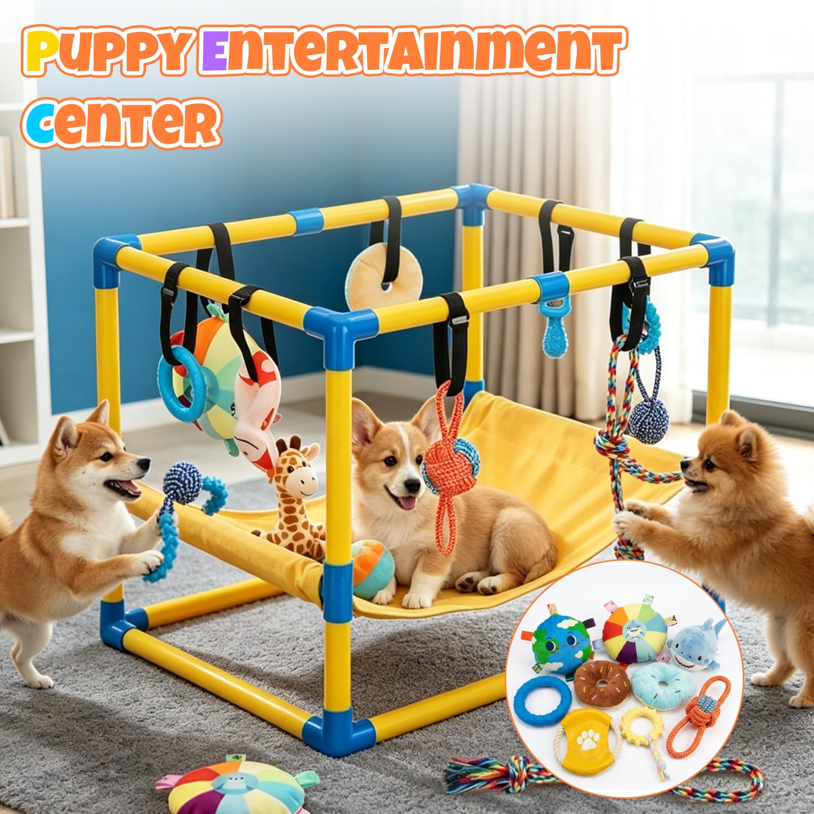 Welpenspielstudio mit 8 hängenden Spielzeugen, 60 x 40 x 40 cm für den Innenbereich | Play Gym Interaktives Hundetrainer mit Hängematte und Isomatte, PVC-Rahmen, Welpen-Fitnesscenter für Welpen