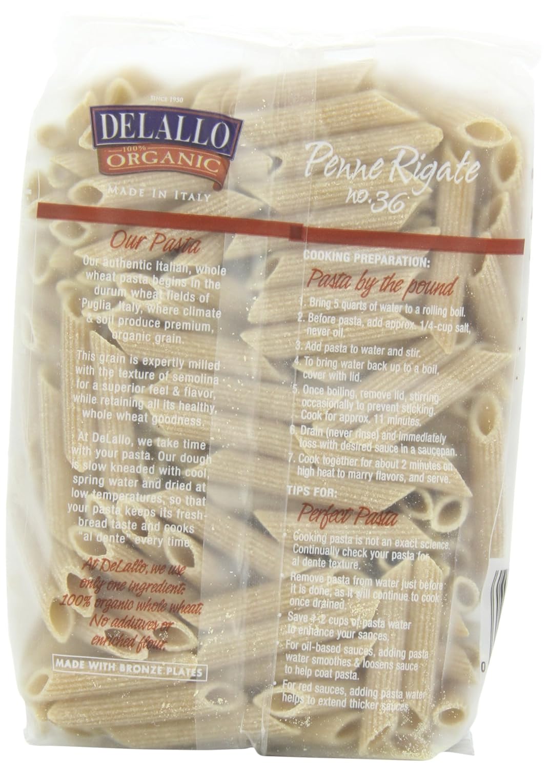 DeLallo Organic Whole Wheat Penne Rigate #36,1 Pound (Pack of 16)