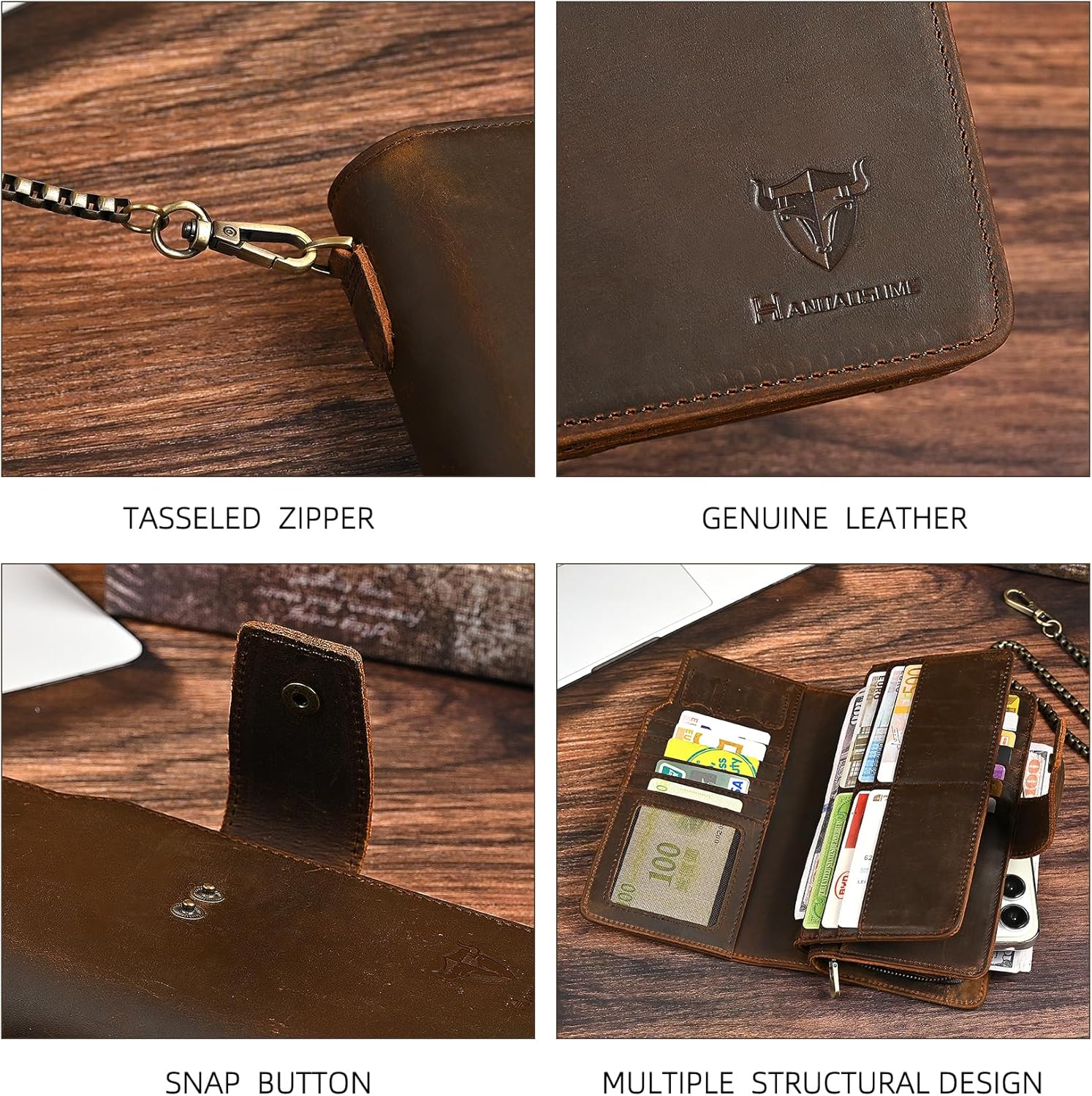 Genuine Crazy Horse Leather Travel Gift Coin Pocket Card Case Long Organizer Chain Rfid Wallet Purse With Snap For Men Male 1803 1815 (W-1820-Brown)