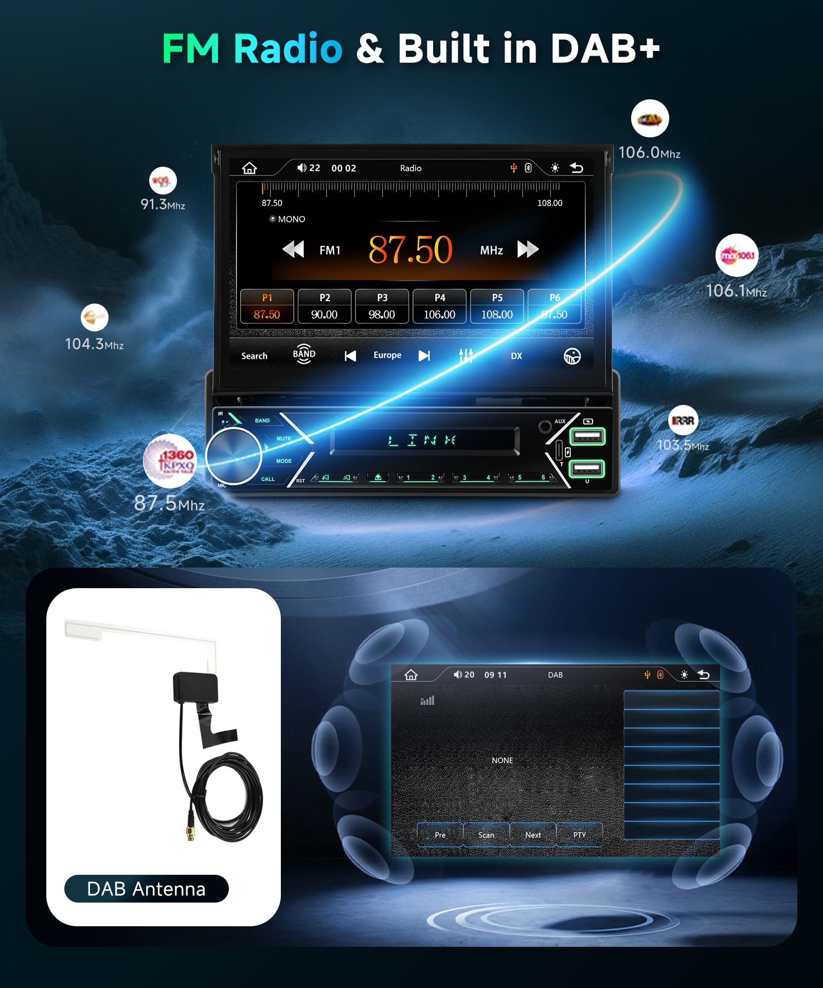 Autoradio Dab 1 DIN, CarPlay sans Fil, Android Auto, Radio 7 Pouces avec écran rétractable Automatique, Radio Bluetooth, Commande au Volant/Lien Miroir/égaliseur/USB-C + caméra de recul