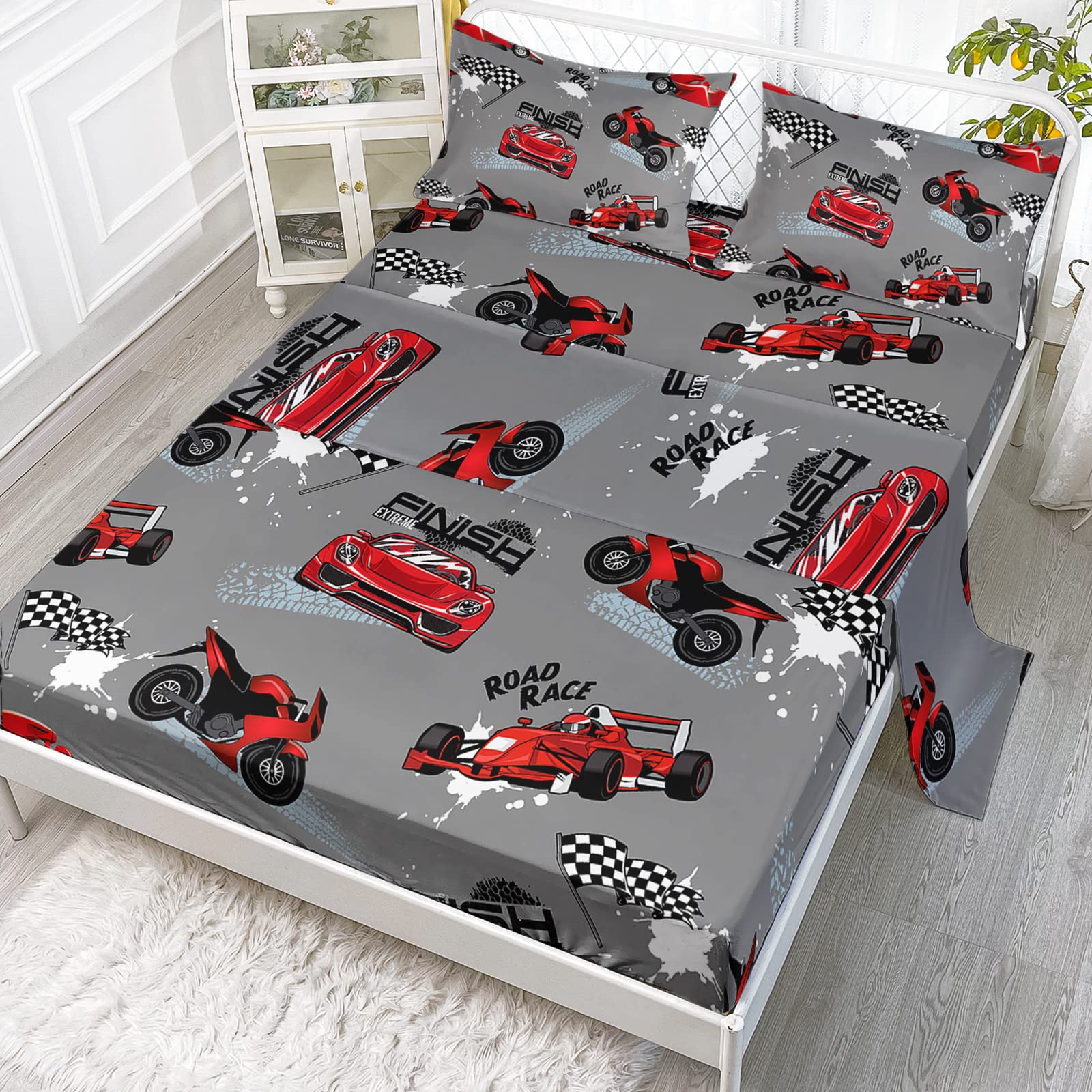 Axolotl Racing Car Bedding for Boys Twin,Red Race Car Sheets Set,4Pcs Cartoon Car Bed Sheets Set with 1 Fitted Sheet 1 Flat Sheet 2 Pillowcases for Boys Girls Adults Teens Kids Room Decor,Red Grey-image-36