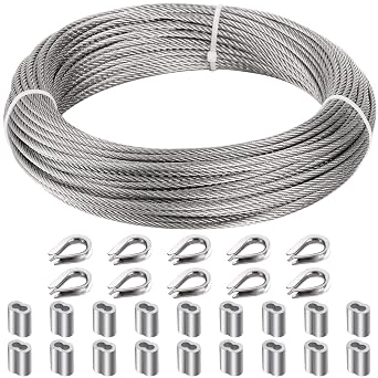 Okllen 1/8" 3MM Wire Rope, 100FT Stainless Steel Cable, 7x7 Strand Core Metal Wire Cable with 18Pcs Aluminum Crimping Sleeves and 10Pcs Thimbles for Deck Railing Stair Handrail Balusters Clothesline