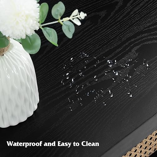 Miniatura 6 de Mesa de centro con puertas correderas de ratán natural, mesa de centro moderna de mediados de siglo con almacenamiento, mesa de centro de madera