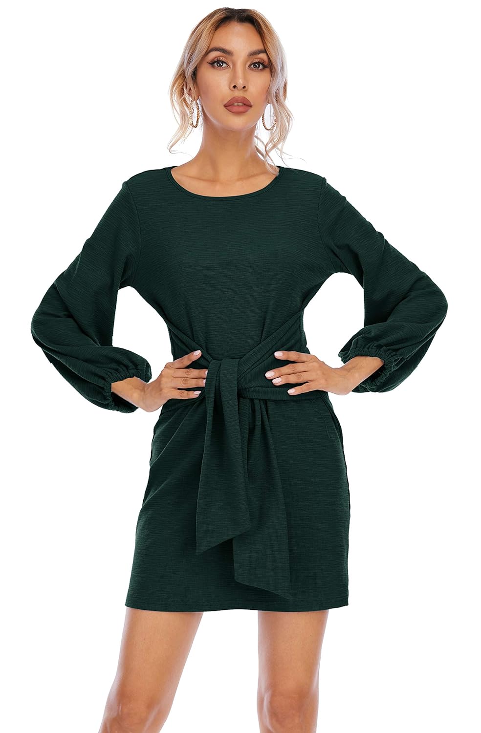 R Vivimos Womens Autumn Winter Cotton Long Sleeves Elegant Knitted Bodycon Tie Waist Sweater Pencil Dress