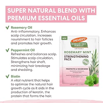 Palmer's Hair Mask, Rosemary Mint Strengthening Pack, 2.1 oz, Promotes Stronger, Longer Hair Growth, Nourishing, Hydrating & Protecting Treatment for Anti-Breakage & Softness, Adds Shine