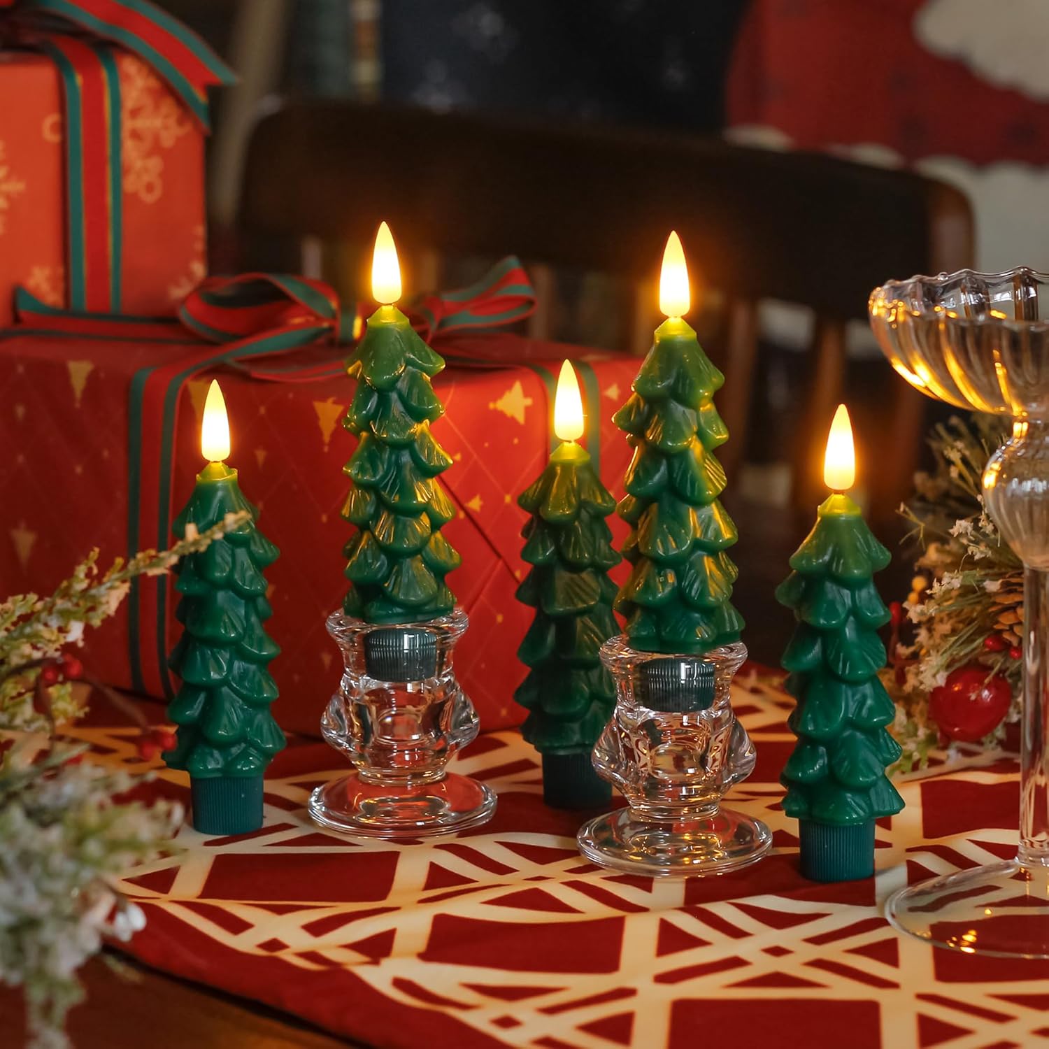 Yeelida Flameless Wax 0.78" x5" Flickering Short Green Tree Shaped Taper Candles with Remote and Timer, LED Window Battery Operated Pack of 6 Candlesticks for Festive Decorations