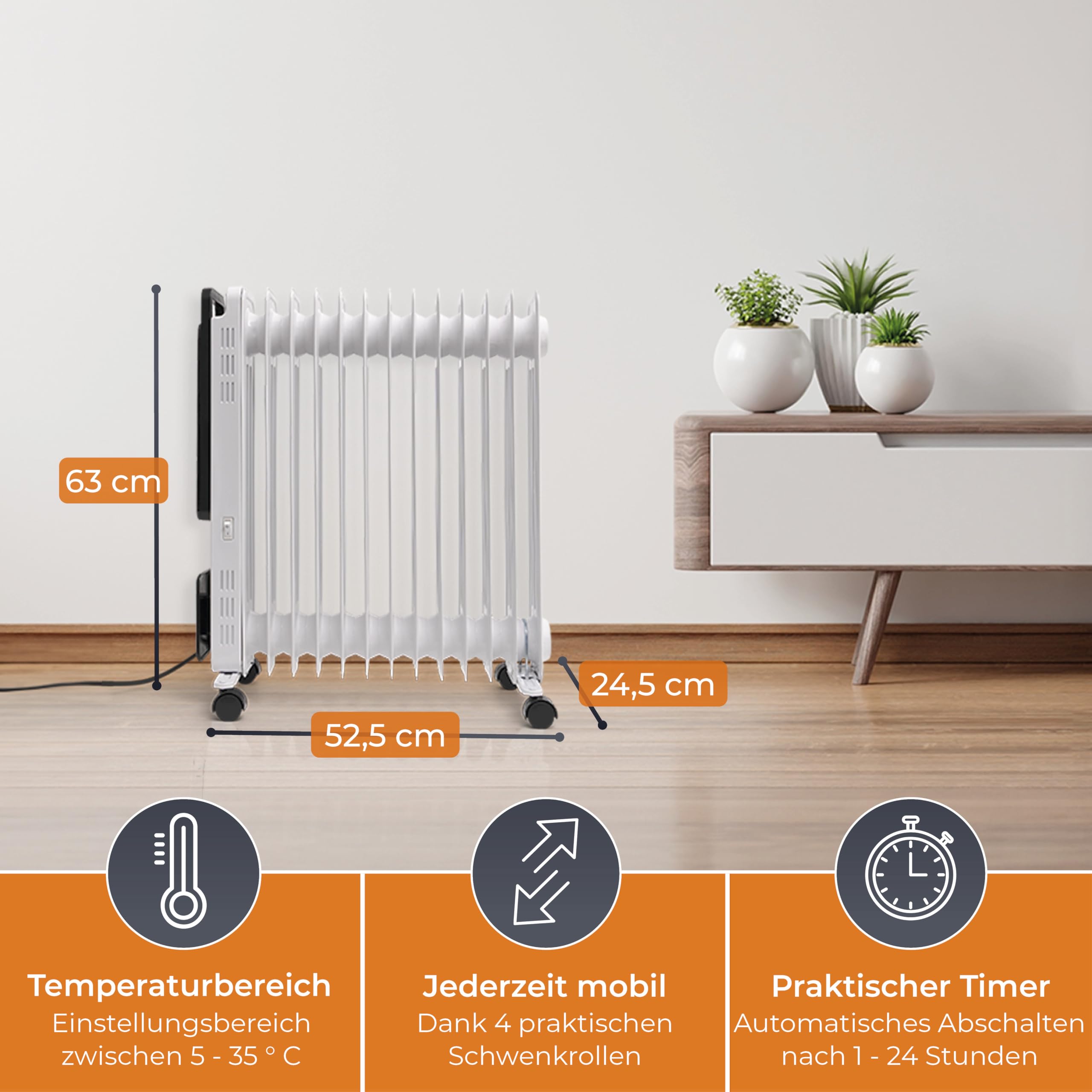 KLAMER Ölradiator 2500 W, Elektroheizung energiesparend, 13 Rippen, 3 Heizstufen mit Eco-Modus, 24h Timer, Thermostat, Überhitzungs- & Kippschutz, mit Fernbedienung, für Innenräume, weiß