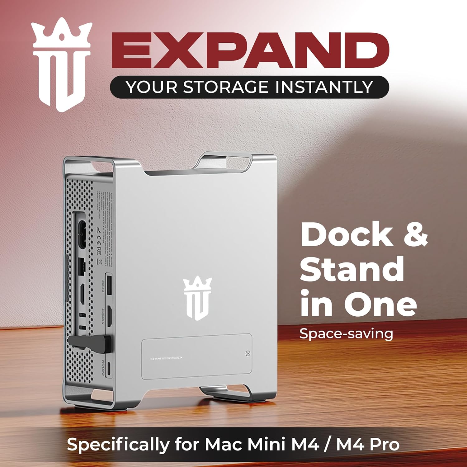 NEMAC909 USB C Hub Stand with M.2 NVME SSD Slot Enclosure for Mac mini M4/M4 Pro, Stand Type-C Docking Station SSD Case, 2xUSB3.2 Gen2, 2xUSB2.0, SD4.0/TF4.0, HD 4K@60HZ, PD100W