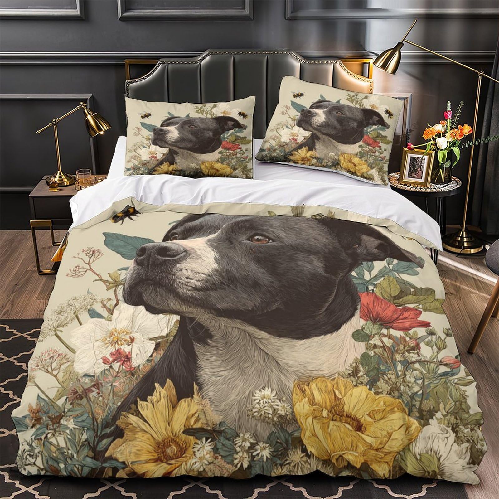 Housse de couette microfibre résistante avec portrait de chien et illustration botanique chic
