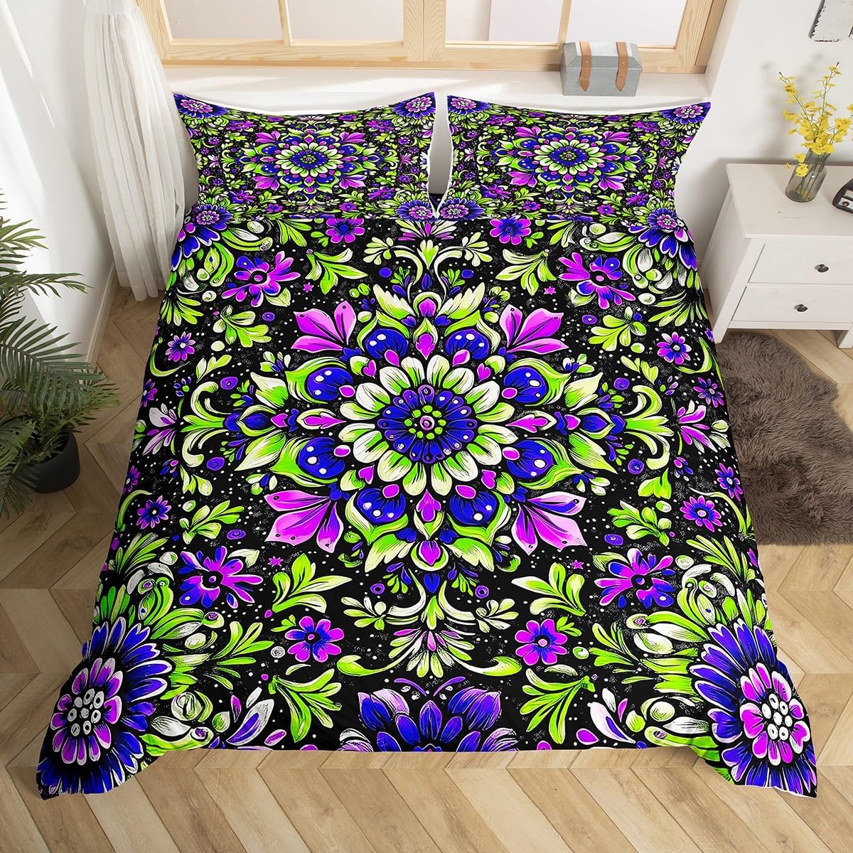 Erosebridal Paisley Duvet Cover Queen Size,Psychedelic Mandala Comforter Cover for Kids Teens Adult,Aesthetic Floral Bedding Set,Bohemian Flower Bedspread Cover with 2 Pillow Cases Bedroom Decor