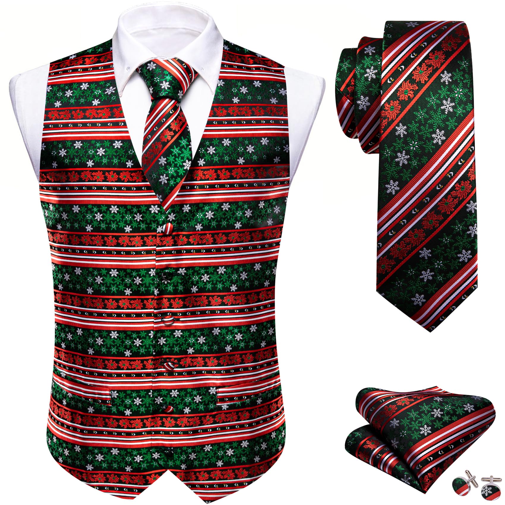 Barry.Wang Mens Red/Green Christmas Suit Vest Tie Holiday Xmas Waistcoat