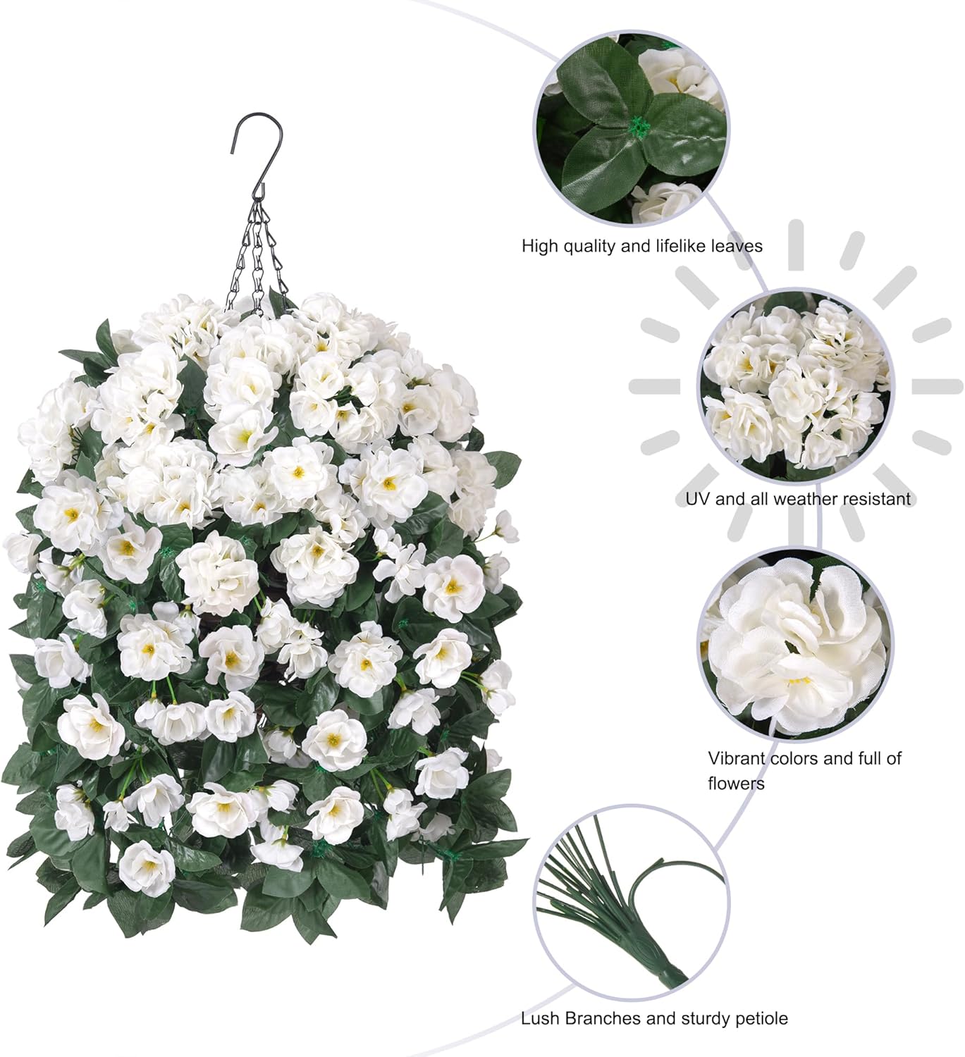 Artificial Geraniums Fake Hanging Flowers Basket for Spring Outdoor Decoration, Faux Plants Silk Geraniums Vines in Planter UV Resistant Look Real for Outdoors Yard Patio Porch Home Decor, White - Image 2