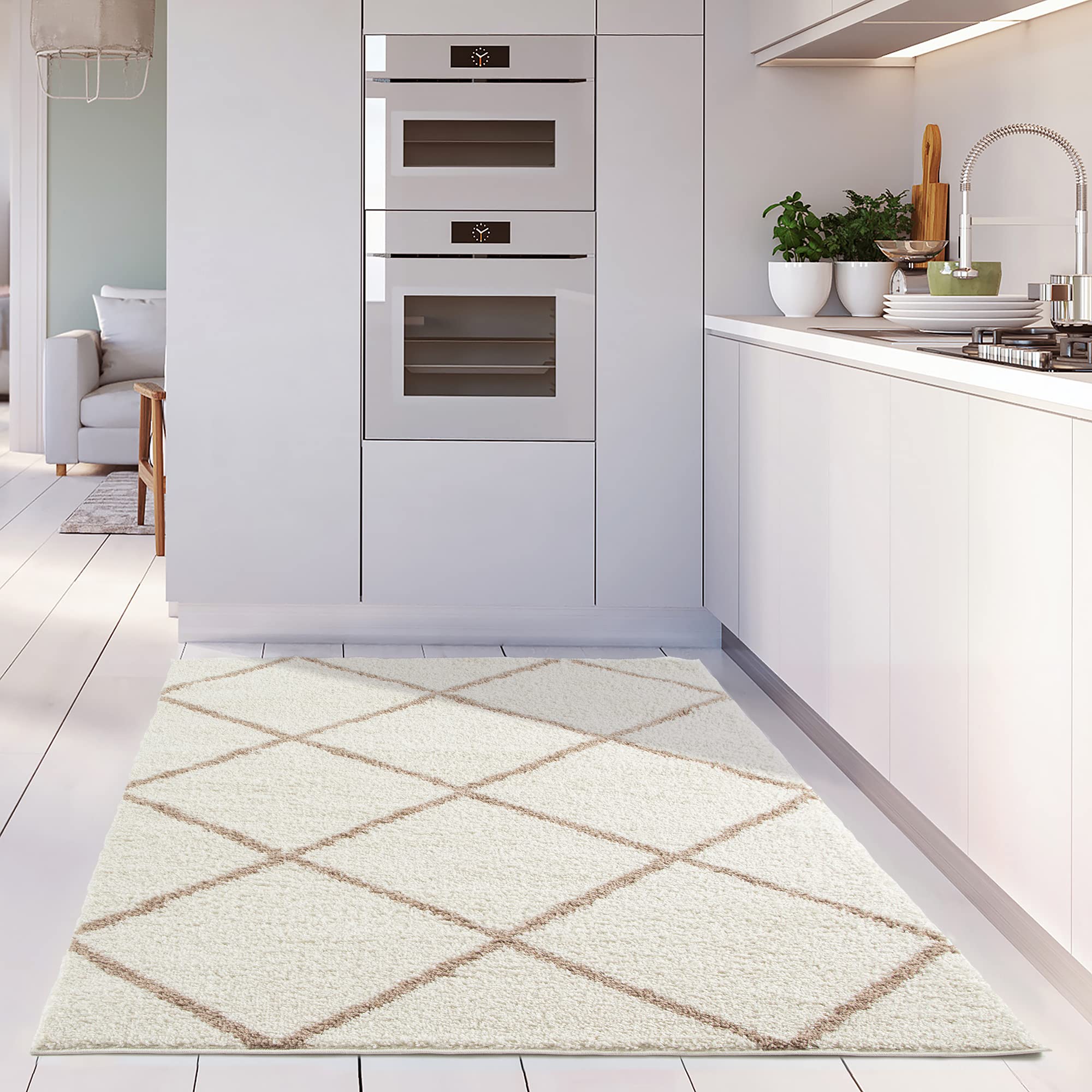 THE RUGS Shaggy Rug, Modern Moroccan Design Rugs for Living Room Bedroom, Hallway, 3 cm Thick Area Rugs, (Diamond Ivory/Beige - Image 4