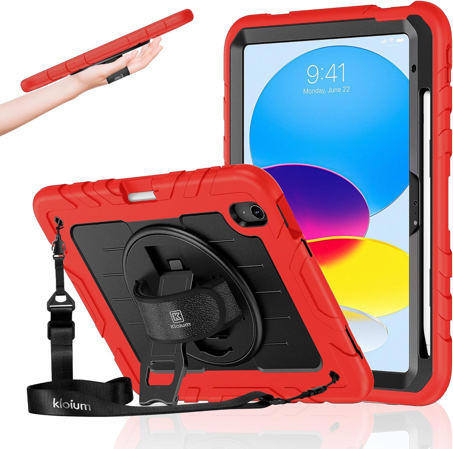 Case for iPad A16 (2025) 11th/10th Gen (11″/10.9″, 2022), Heavy Duty Shockproof Full-Body Cover with Pencil Holder, 2-in-1 Hand/Shoulder Strap, 360° Rotating Kickstand (Black+Red)