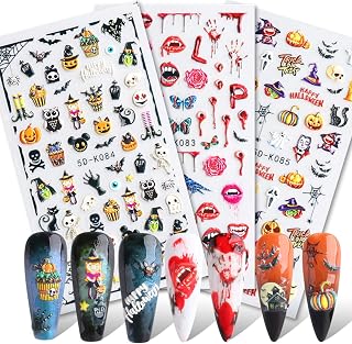 3D Embossed Halloween Nail Art Stickers Decals 3 Sheets 5D Self-Adhesive Spider Web Pumpkin Skull Bat Ghost Witch Cute Kids Nail Supplies Nail Art Design Decoration Accessories