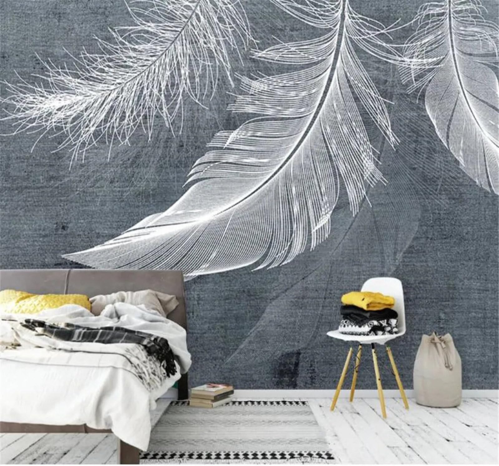 Tzxztt Minimalist Hand Drawn White Feathered Accent Texture Modern 3D Wallpaper Premium Textured Silk Neutral Tones Material Ideal for Living Room Bedroom-350cm×256cm