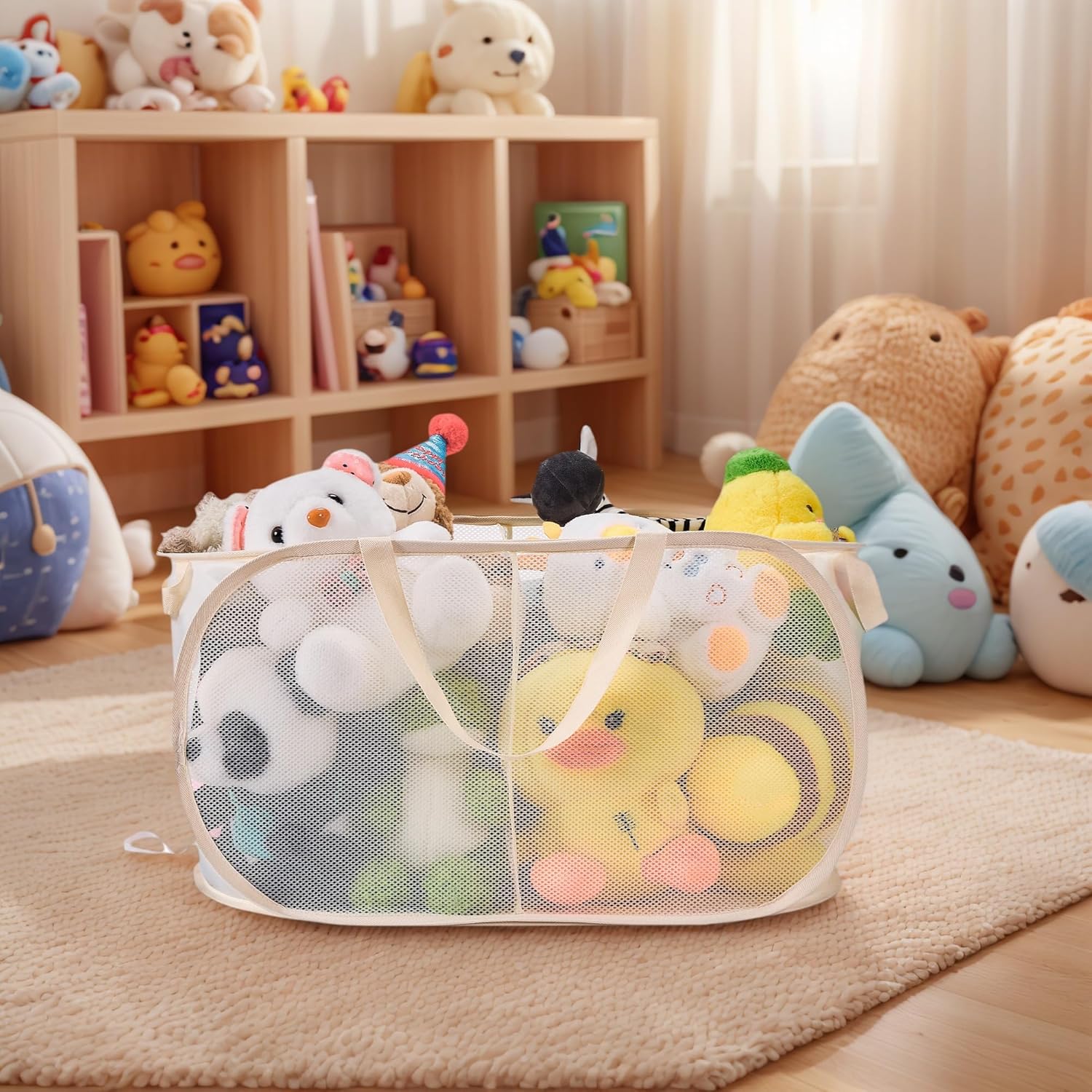 Large Toys Storage Basket Organizer Box for Kids, Boys, Girls - Foldable Toy Storage Bins with Dividers & 2 Sturdy Handles for Living Room, Bedroom, Playroom, Kidsroom (Beige, 2 Compartments)