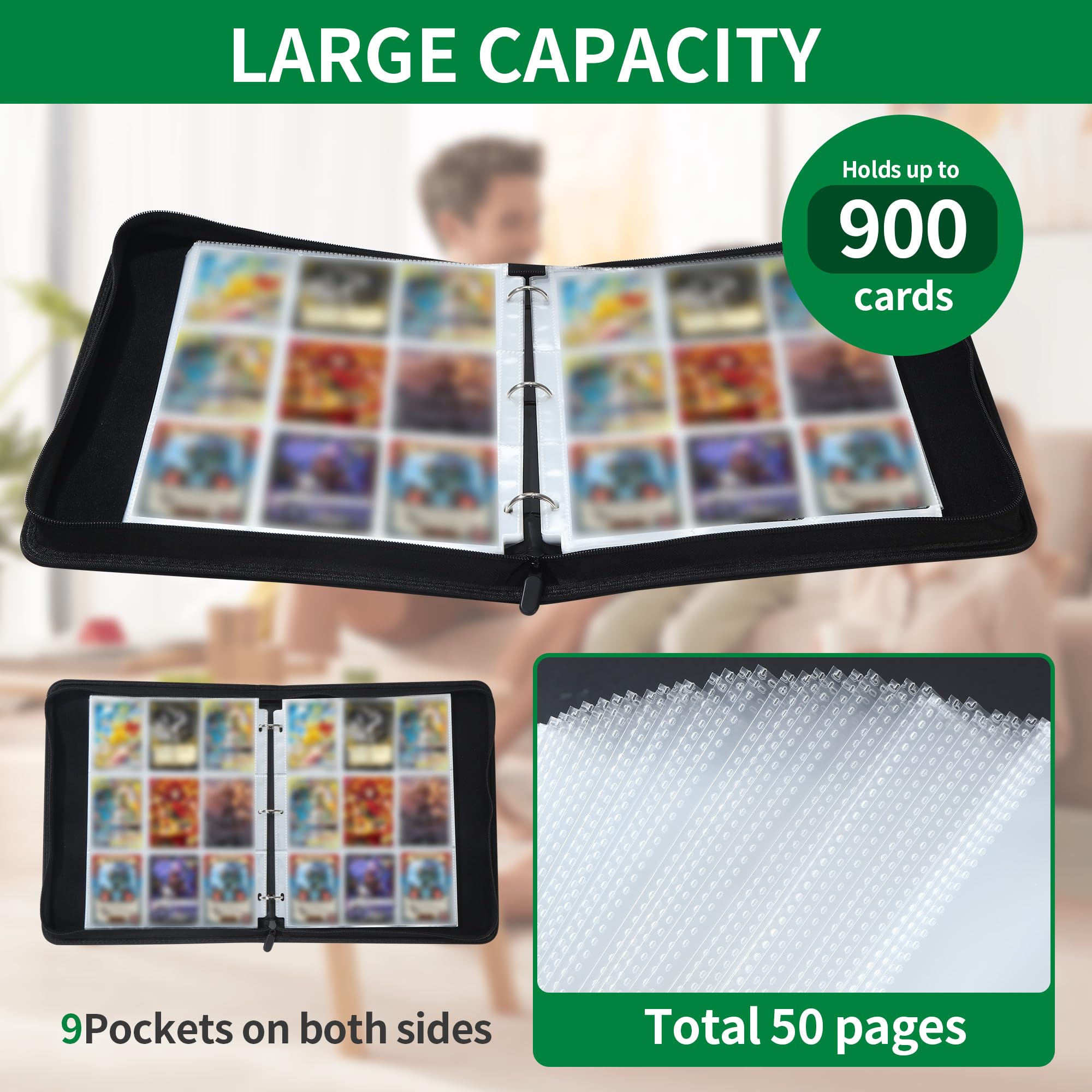 Raccoglitore Carte Magic,Album Porta Carte,Nero,50 Pagine 900 Raccoglitore di Carte,Design Con Zip,Album per Carte Portatili Per Per la raccolta di giochi, regali e carte sportive ﻿ (A-Nero)