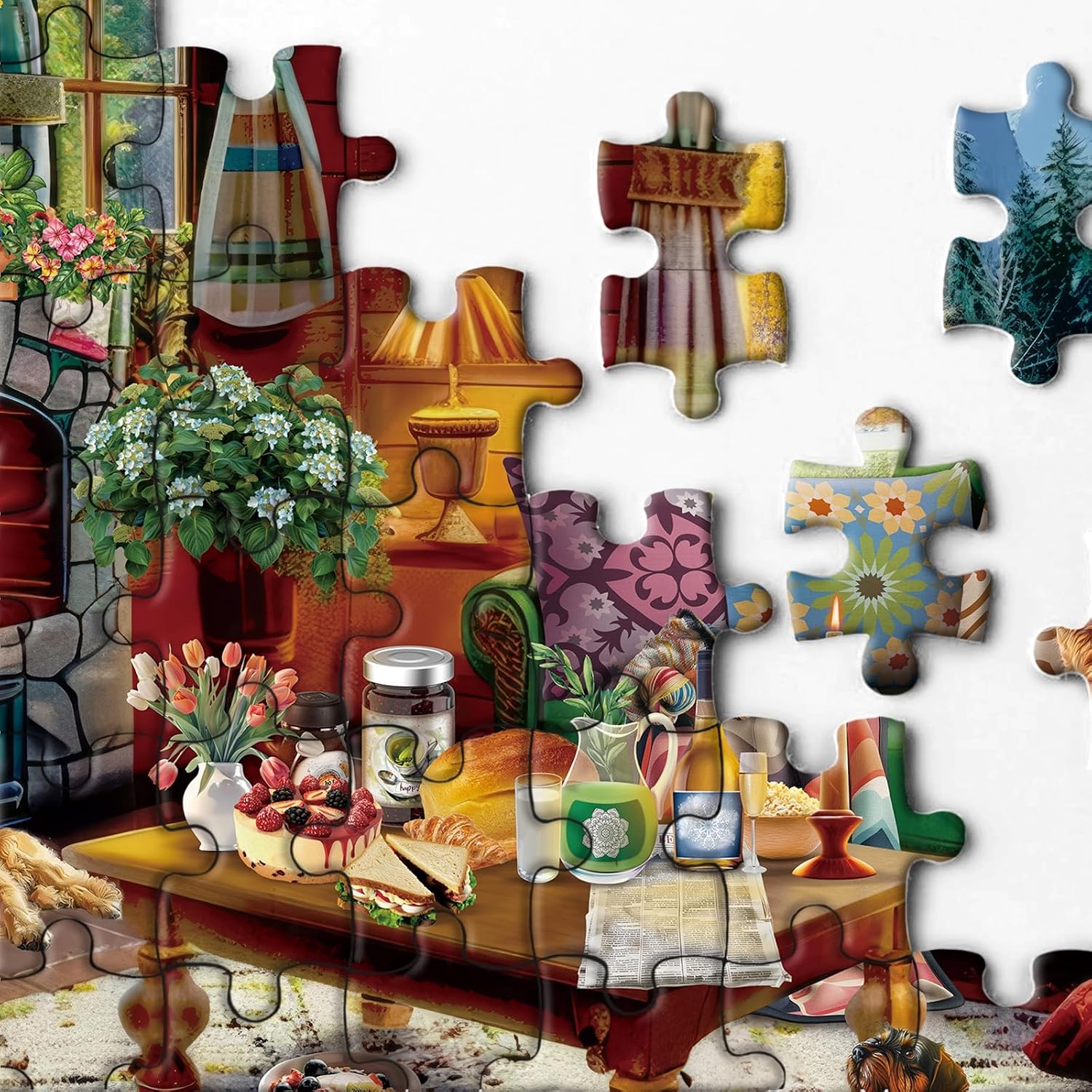 Cozy Cabin Winter Scene Puzzle 1000 Piece for Adults, Book Cozytime Jigsaw Puzzle Coffee Table, Dog Cat Puzzle image 4