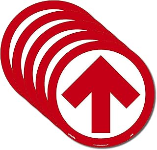 NMC WFS84RD10 Arrow Graphic, Red On White, Walk On Floor Sign, 8 In Diameter,Pressure Sensitive Vinyl Non-Slip, Pack Of 10, Social Distancing