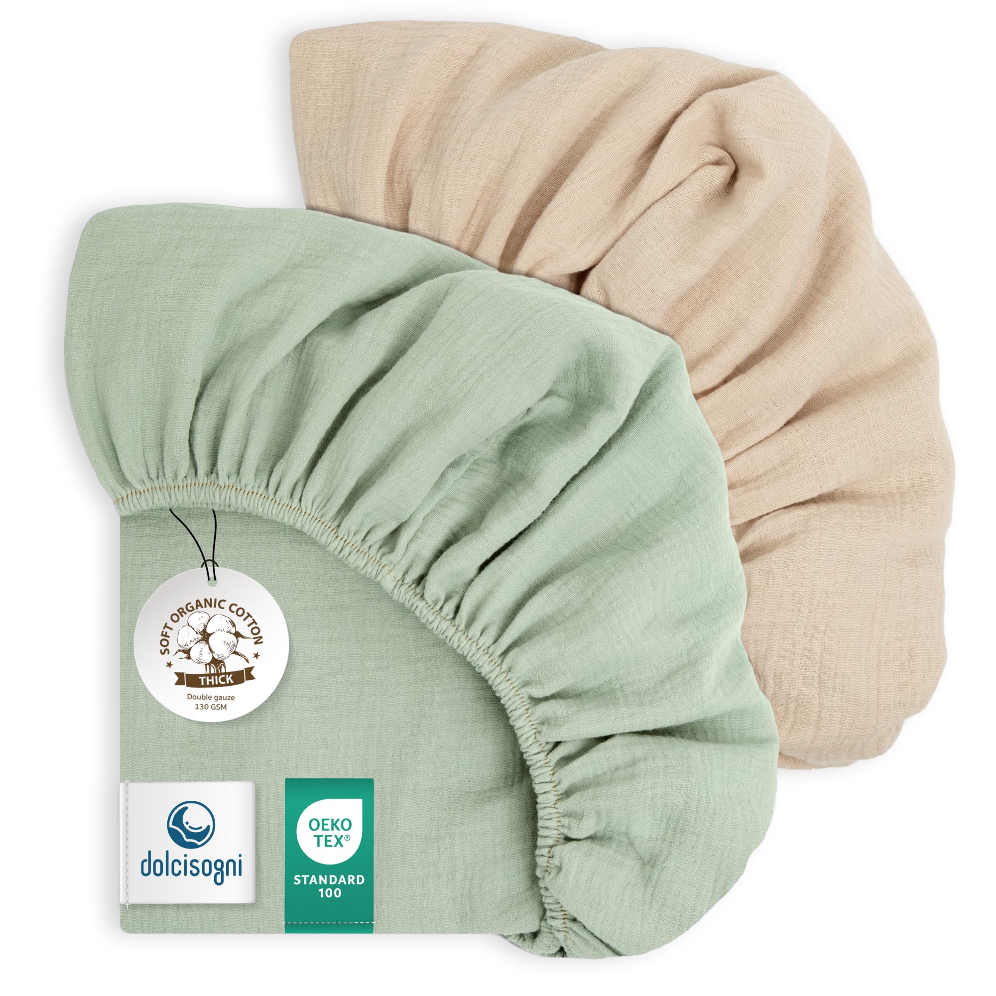 DOLCI SOGNI - Set Lenzuola Lettino 70x140 In Mussola Di Cotone Con Angoli Elasticizzati - Lenzuola per Lettino Asilo e Brandina con Lenzuolo 70x140 - Certificato Oeko-TEX - 1 x Sabbia + 1 x Menta
