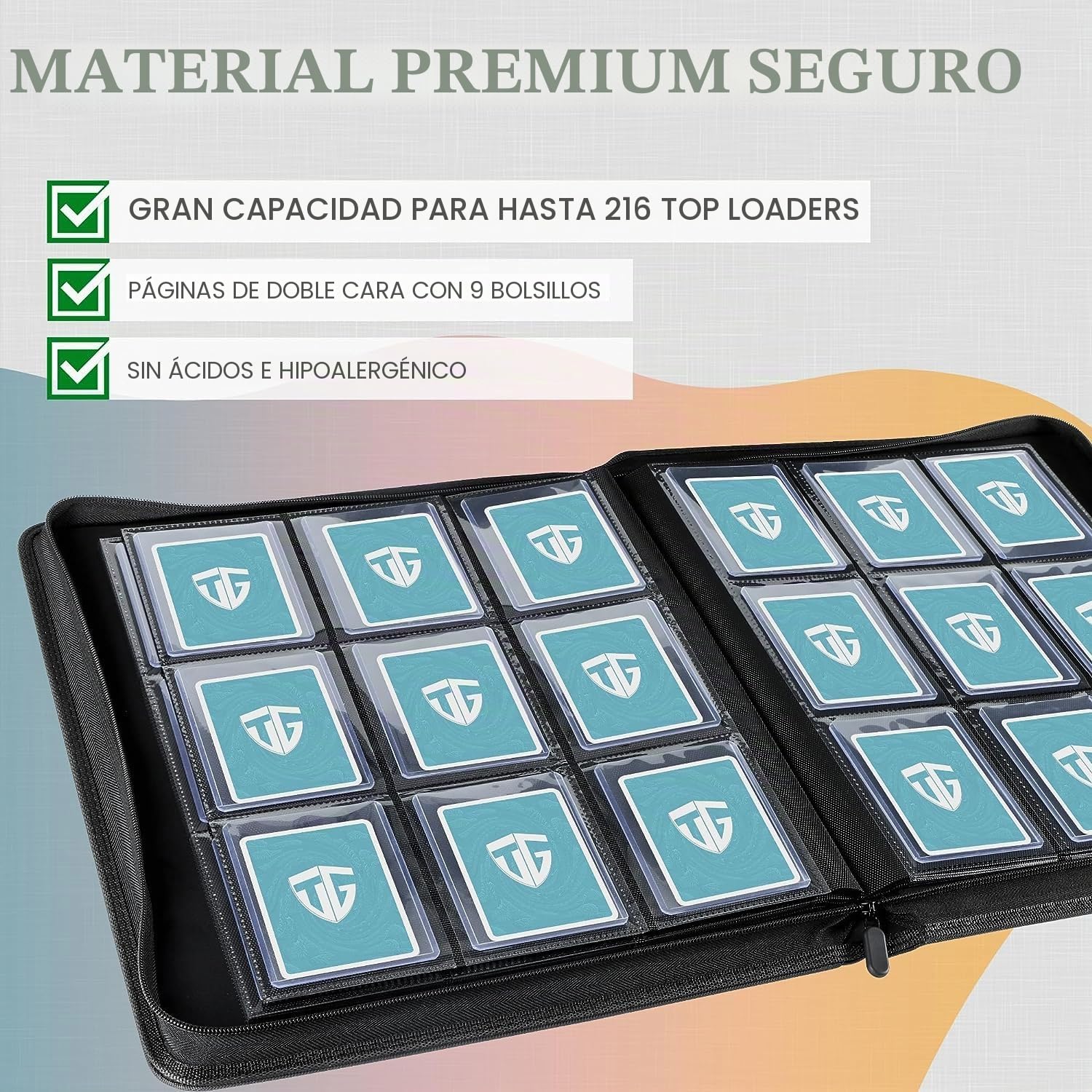 TCGUARD Toploader - Álbum de tarjetas coleccionables para 216 Top Loader 9 compartimentos con fundas para tarjetas Rigid Toploader de 7,6 x 10 cm para TCG, tarjetas MTG (negro)