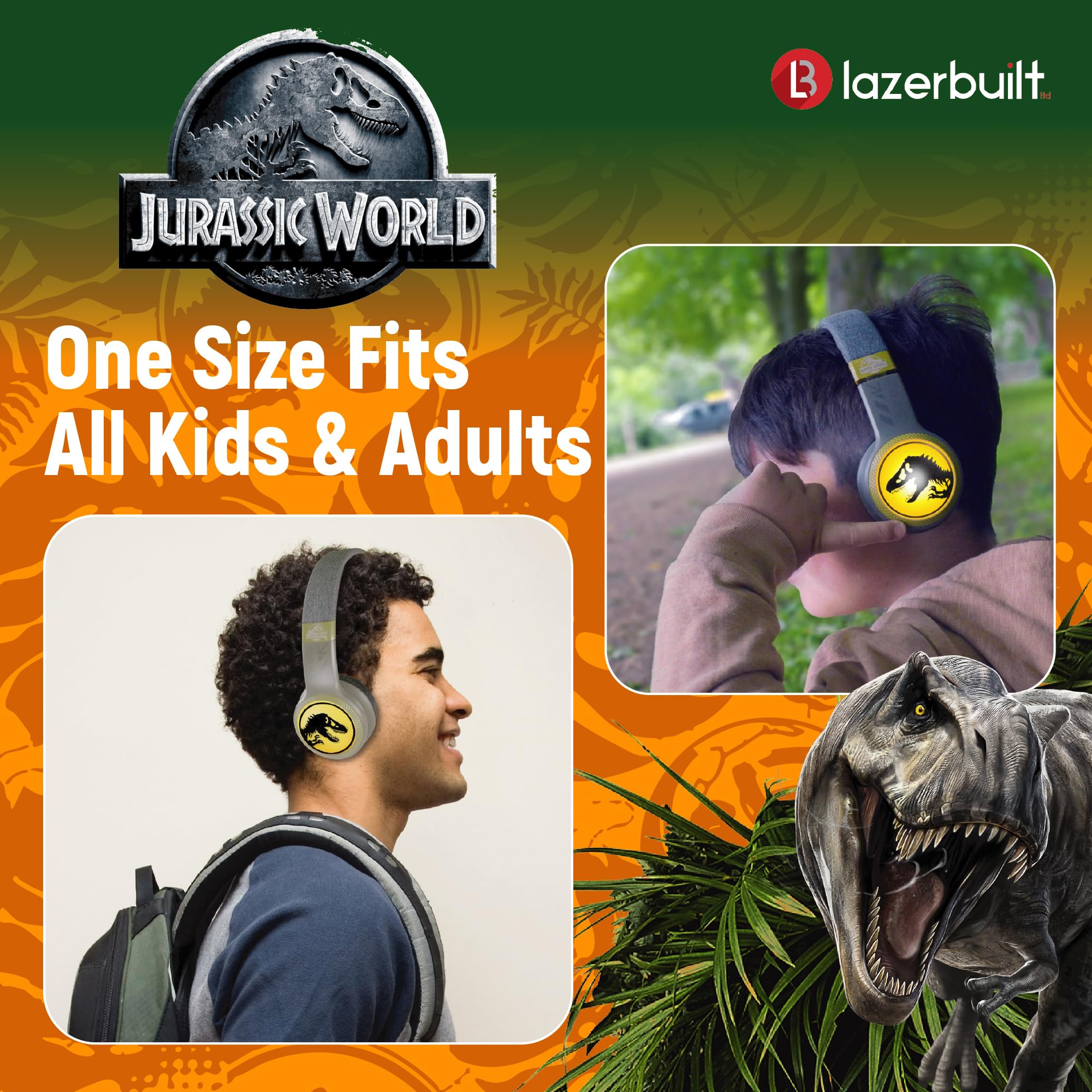 Jurassic World Auriculares 2 en 1 con Bluetooth y cable iluminados con diadema ajustable y controles de auriculares. Micrófono integrado para hacer y recibir llamadas telefónicas