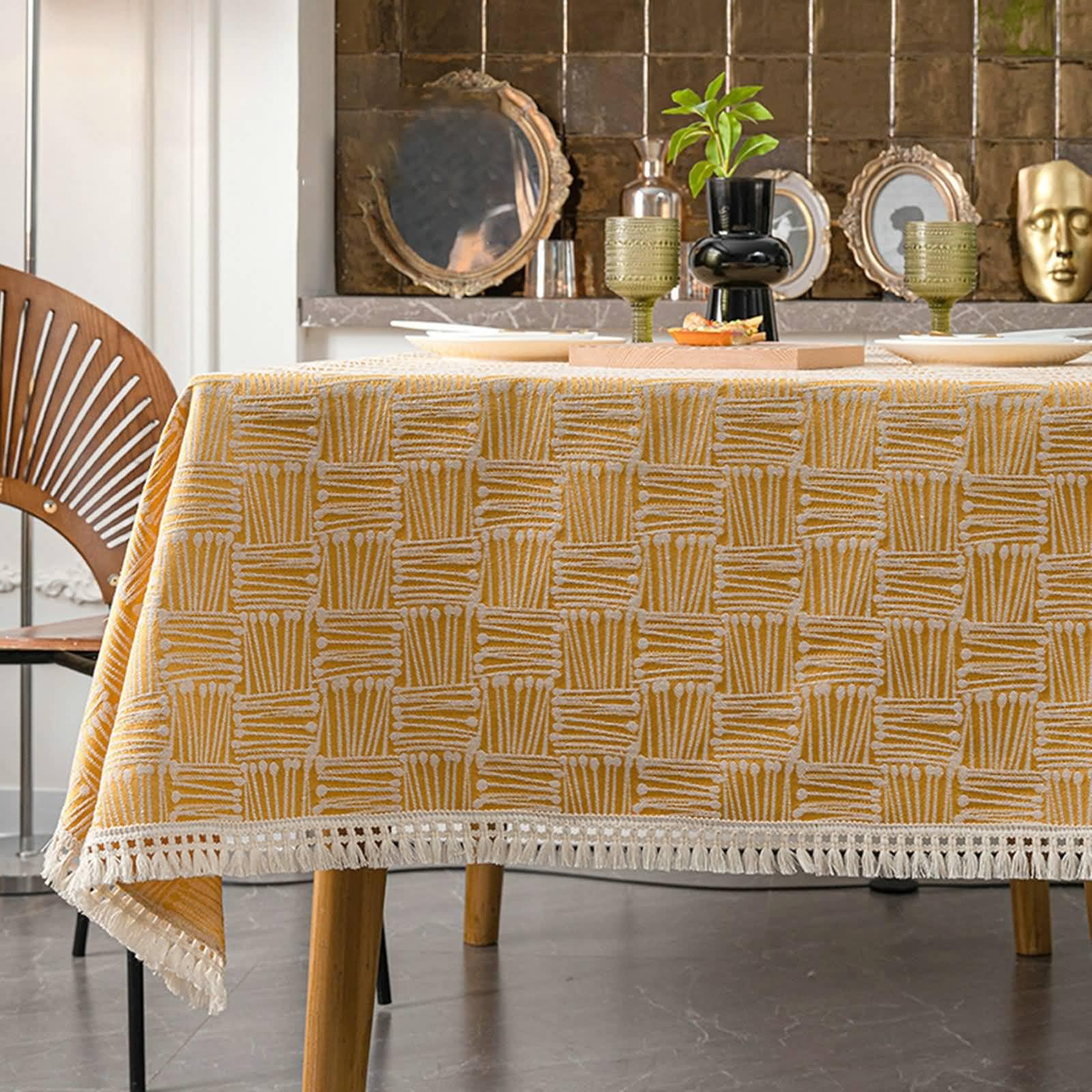 Tischdekoration Wohnzimmer, Gelb Gehäkelte Tischdecke mit Karomuster als Dekoration für Partys, Picknicks und Abendessen, mit Quaste | 140x260cm
